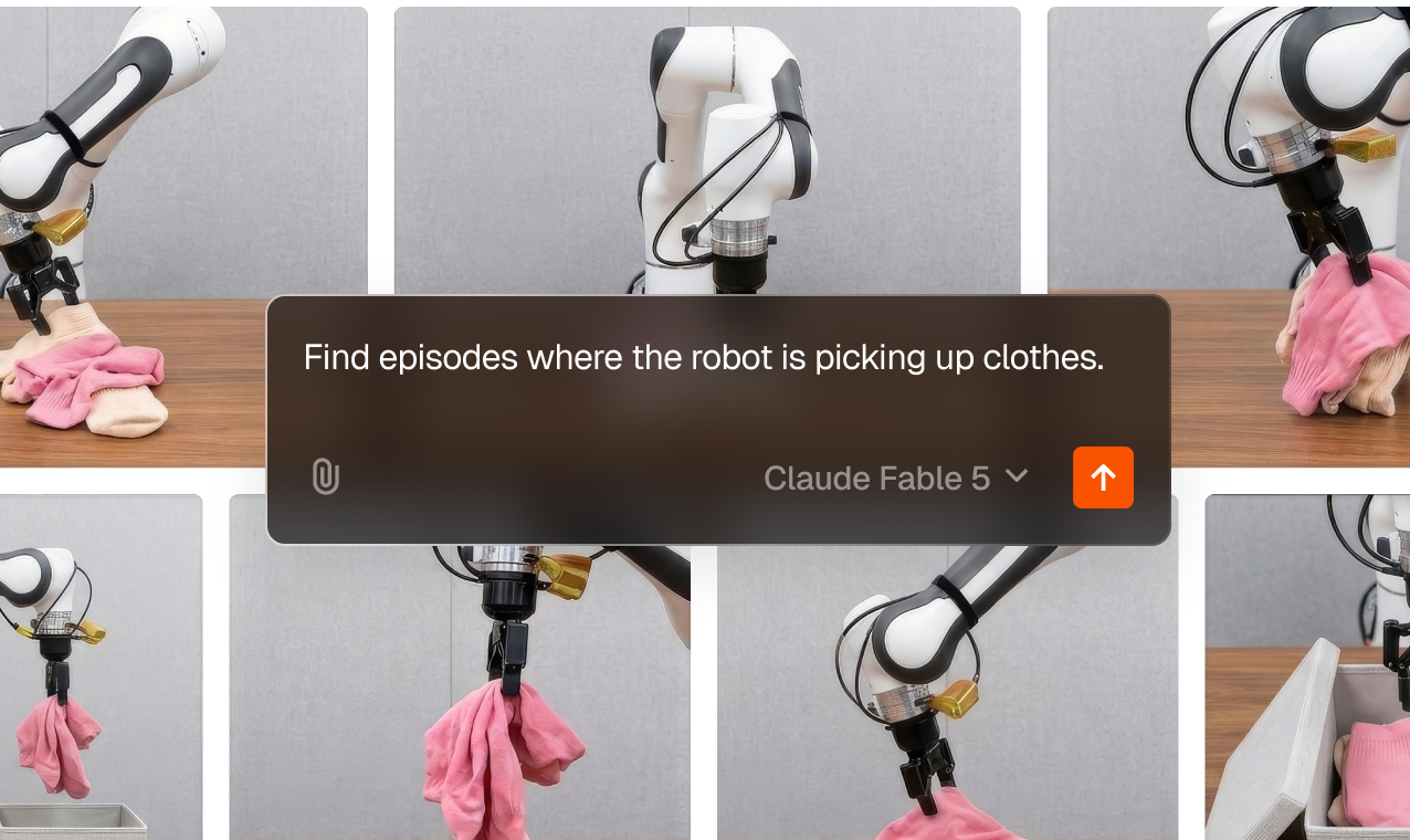 Natural language search with FiftyOne Agent to identify episodes where the robot is picking up clothes. 