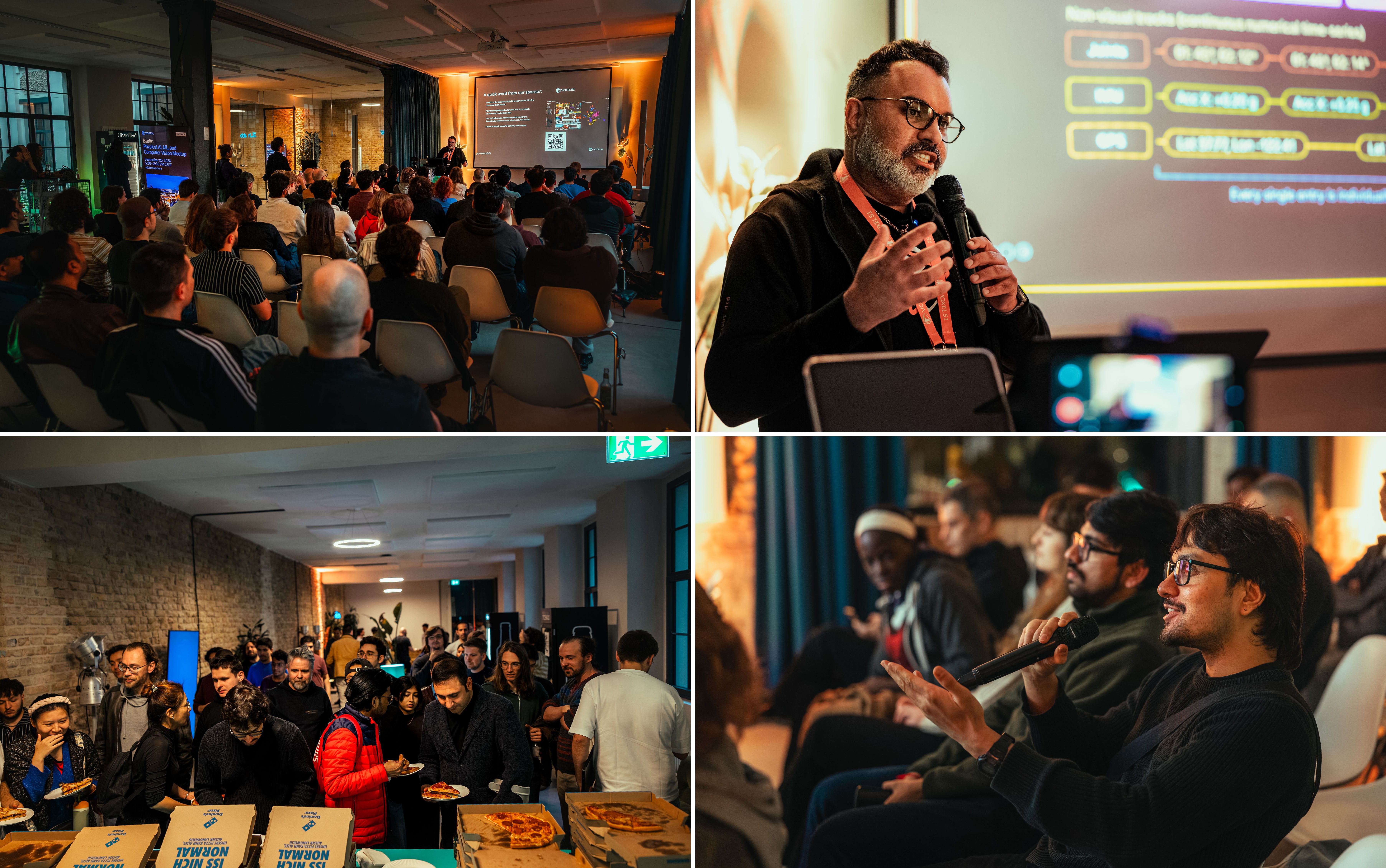 Four photos from the Voxel51 and Nebius Berlin Physical AI meetup: a packed room watching a talk, a speaker presenting with a microphone, attendees lining up for pizza, and an audience member asking a question.