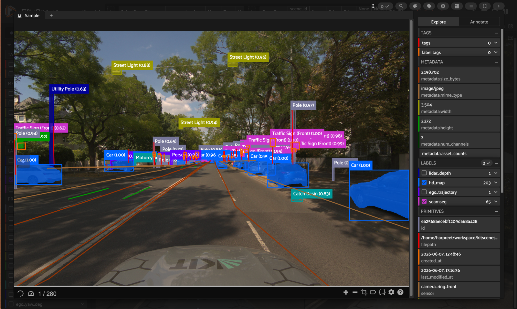 seamseg detections (boxes plus masks) on a KITScenes Multimodal street scene, in the Mapillary Vistas taxonomy, shown as model predictions rather than ground truth.