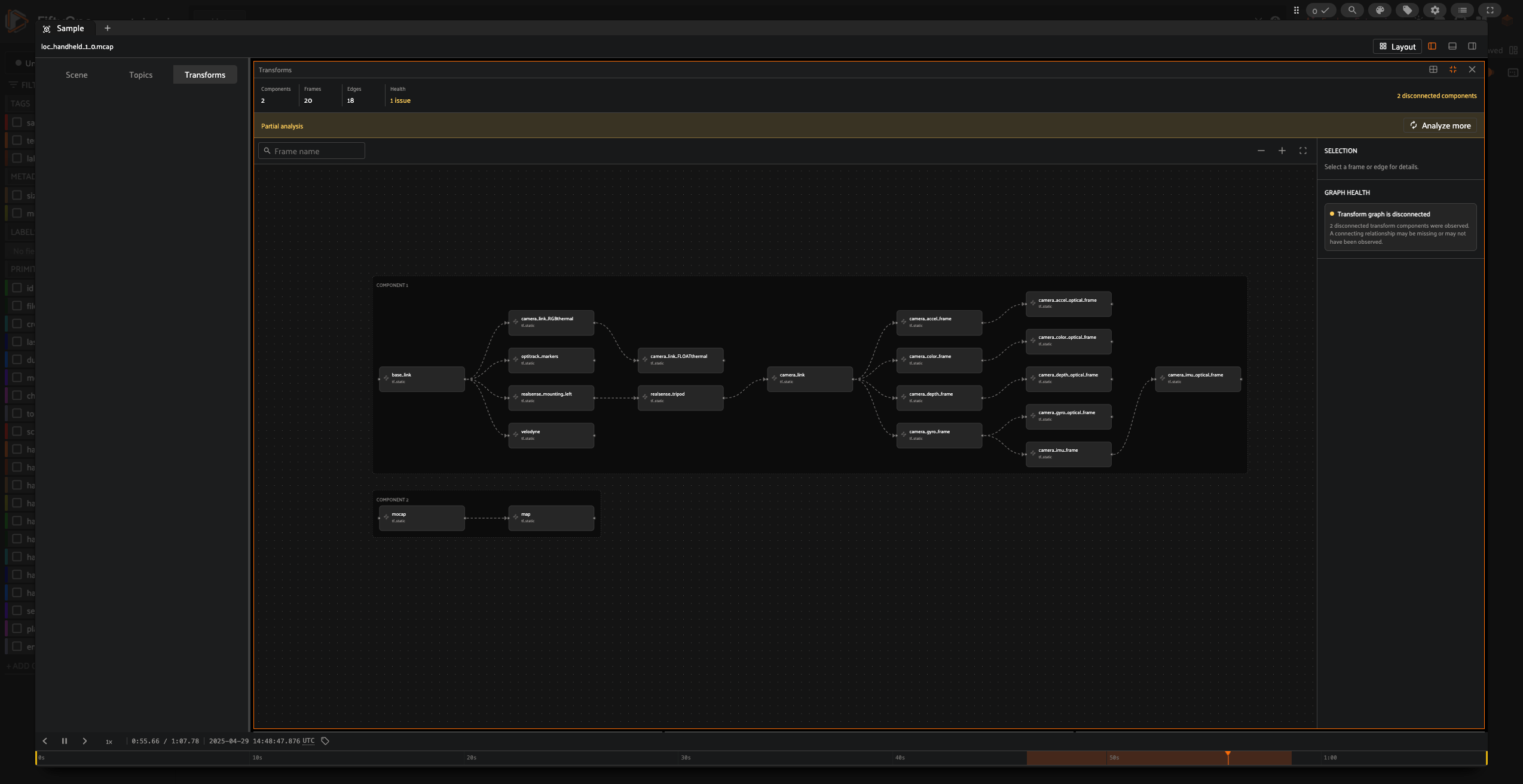 FiftyOne Transforms tab showing the coordinate frame tree for loc_handheld_1, with the motion capture frame in a disconnected component.