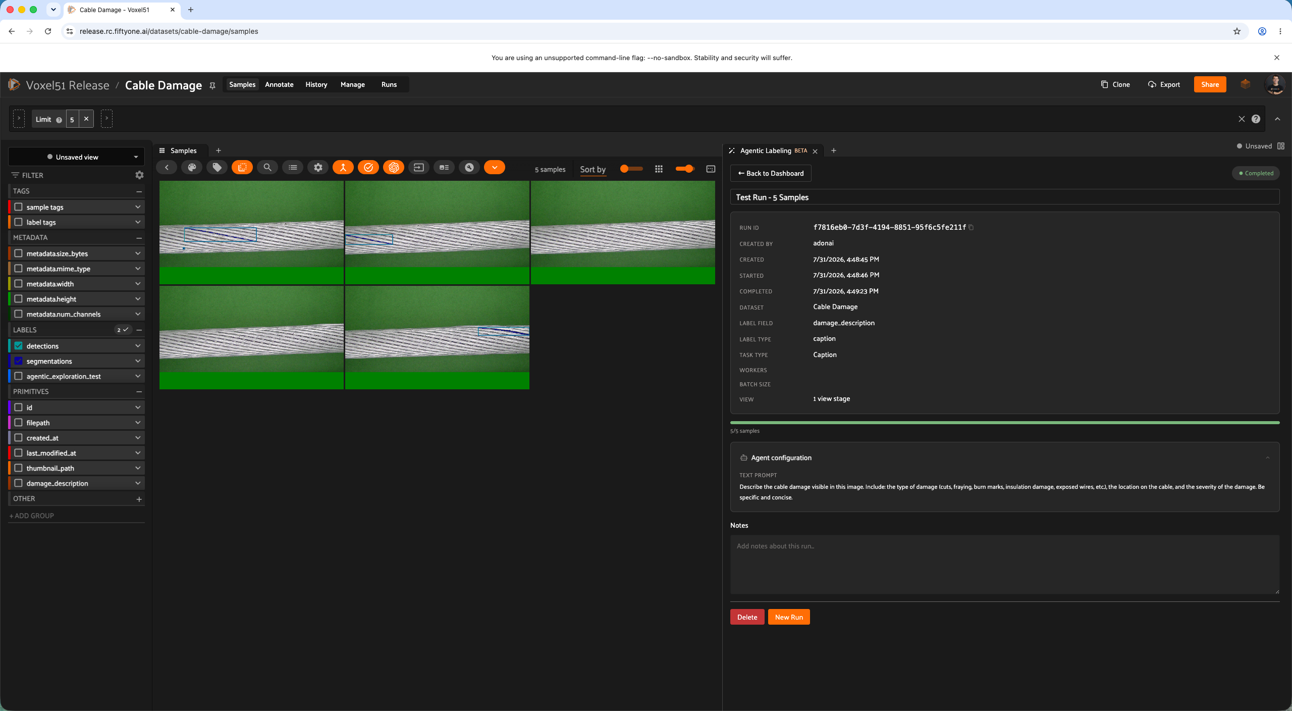 Completed Agentic Labeling run detail showing the Cable Damage dataset, damage_description label field, and Caption task type