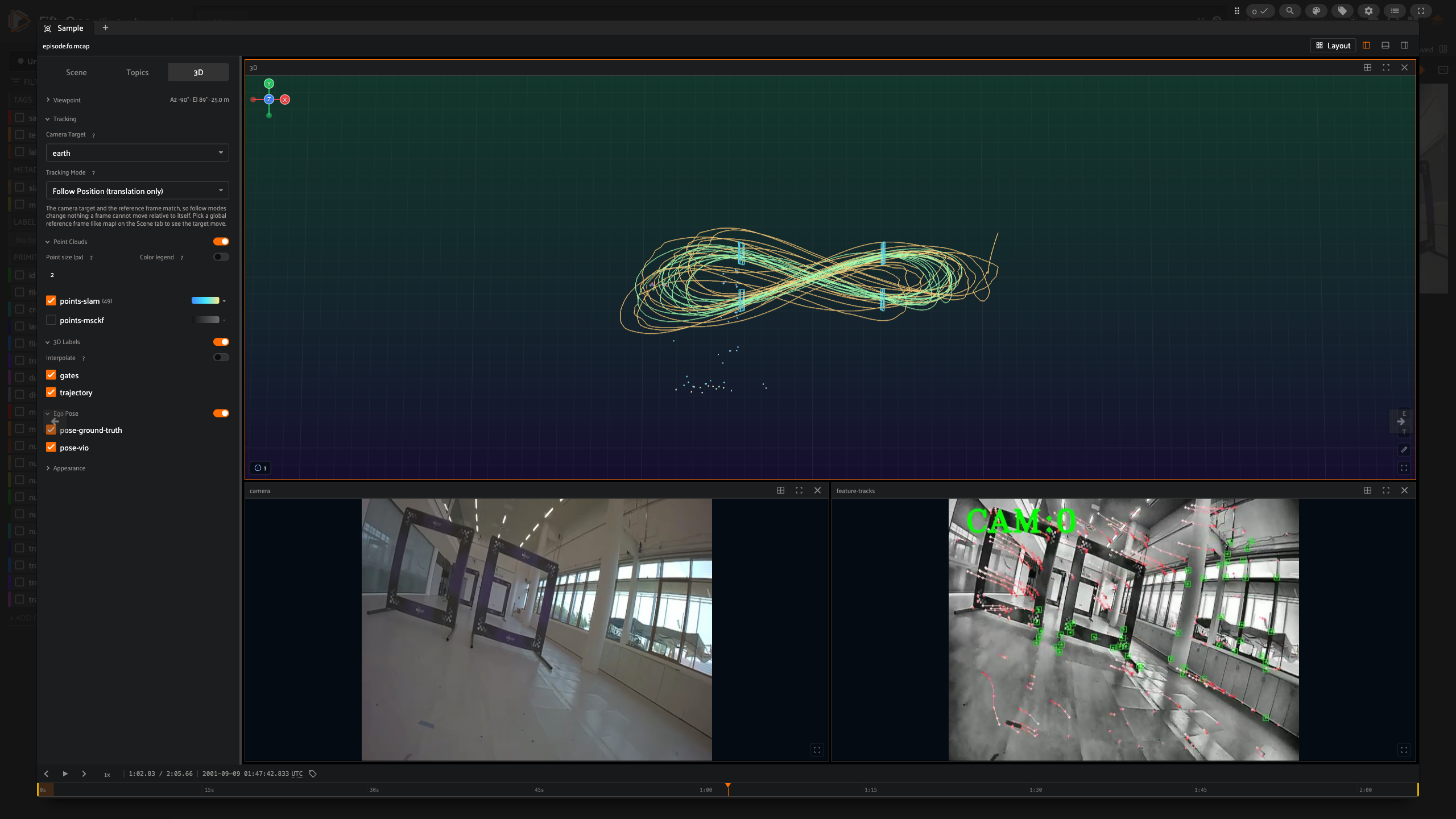 FiftyOne multimodal viewer on flight-07p-lemniscate, showing a top-down 3D tile where the teal motion capture trajectory traces a figure eight and the orange VIO trajectory runs wide of it, alongside the fisheye camera and feature-tracks tiles.