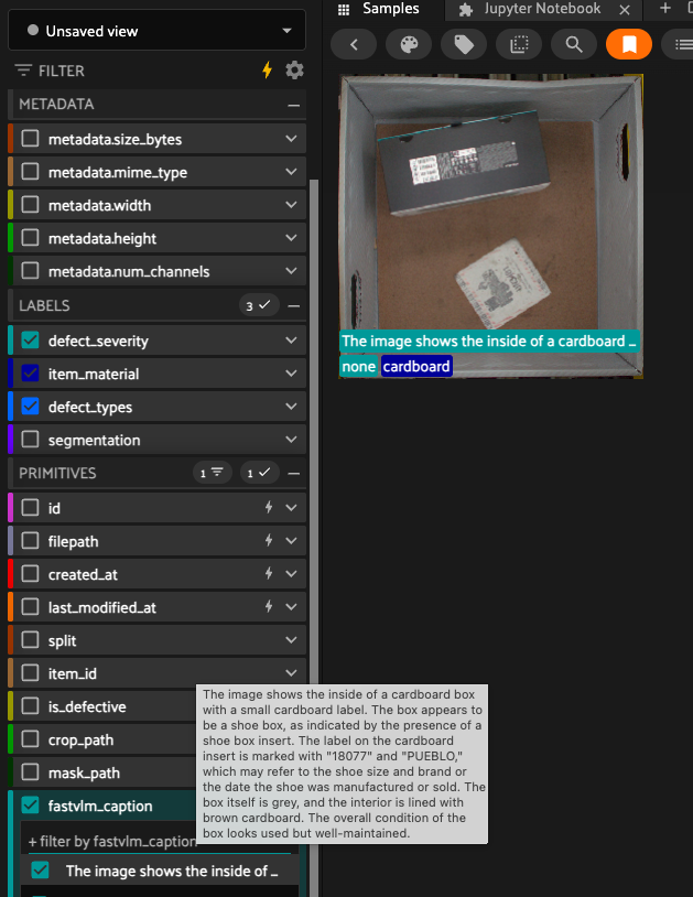 FiftyOne sample with a FastVLM-generated caption describing the contents of a Kaputt cardboard box