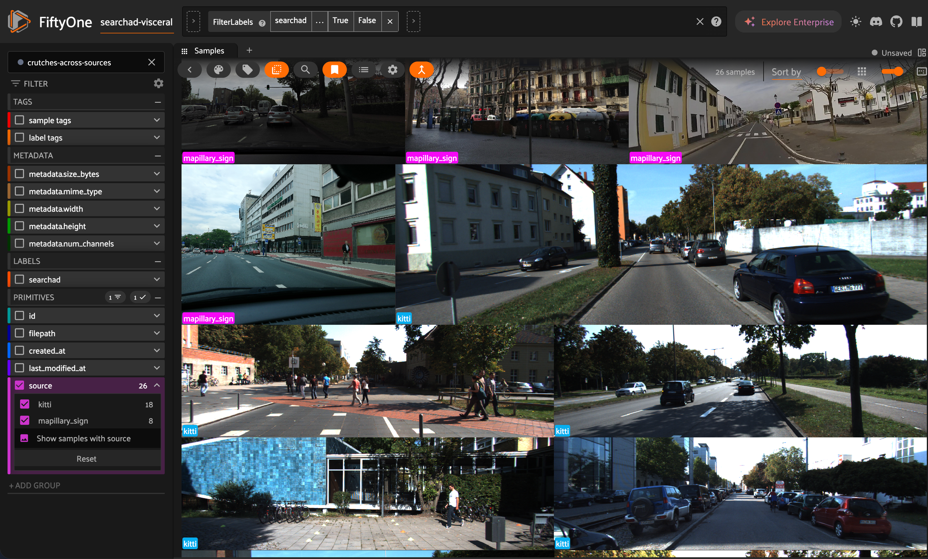 The FiftyOne app filtered to a single rare class, walking-stick pedestrians, with the source sidebar showing results drawn from both KITTI and Mapillary in one grid.