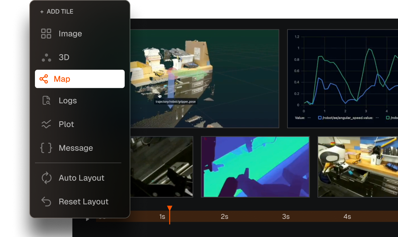 Multimodal data visualization in FiftyOne allows you to synchronize images, 3D, map, logs, plot, and message tiles on a timeline.