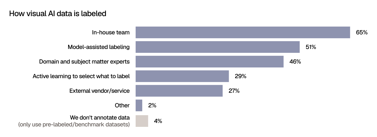 Horizontal bar chart titled “How visual AI data is labeled.” The most common labeling method is using an in-house team at 65%, followed by model-assisted labeling at 51% and domain or subject matter experts at 46%. Other methods include active learning to select what to label at 29% and external vendors or services at 27%. A small share use other methods at 2%, while 4% say they do not annotate data and only use pre-labeled or benchmark datasets.