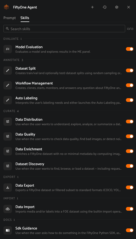 FiftyOne Agent skills panel showing 13 skills grouped by category (Evaluate, Annotate, Curate, Export, Import, Docs), each with an on/off toggle.