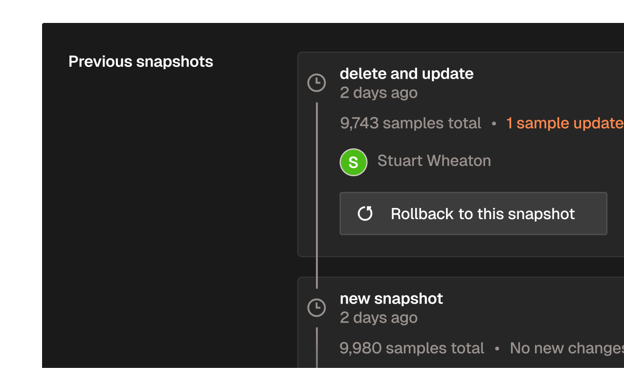 FiftyOne dataset versioning interface showing previous snapshots with sample counts and a rollback option.