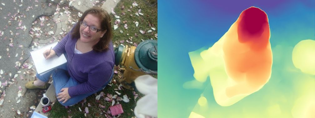 Side by side comparison of an overhead photo of a woman sitting on a curb writing in a notebook and its Depth Anything V3 colored depth map, with warm colors near and cool colors far.