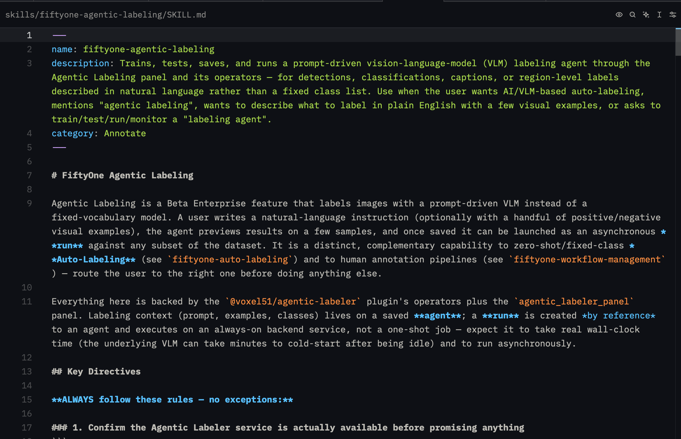 SKILL.md for the fiftyone-agentic-labeling skill showing its YAML frontmatter and Key Directives section