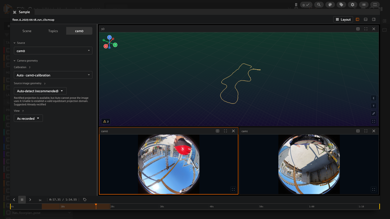 FiftyOne 3D panel drawing the reference trajectory of floor_6_2025-06-18_run_1 as a looping path during playback, with both fisheye feeds advancing in sync below.
