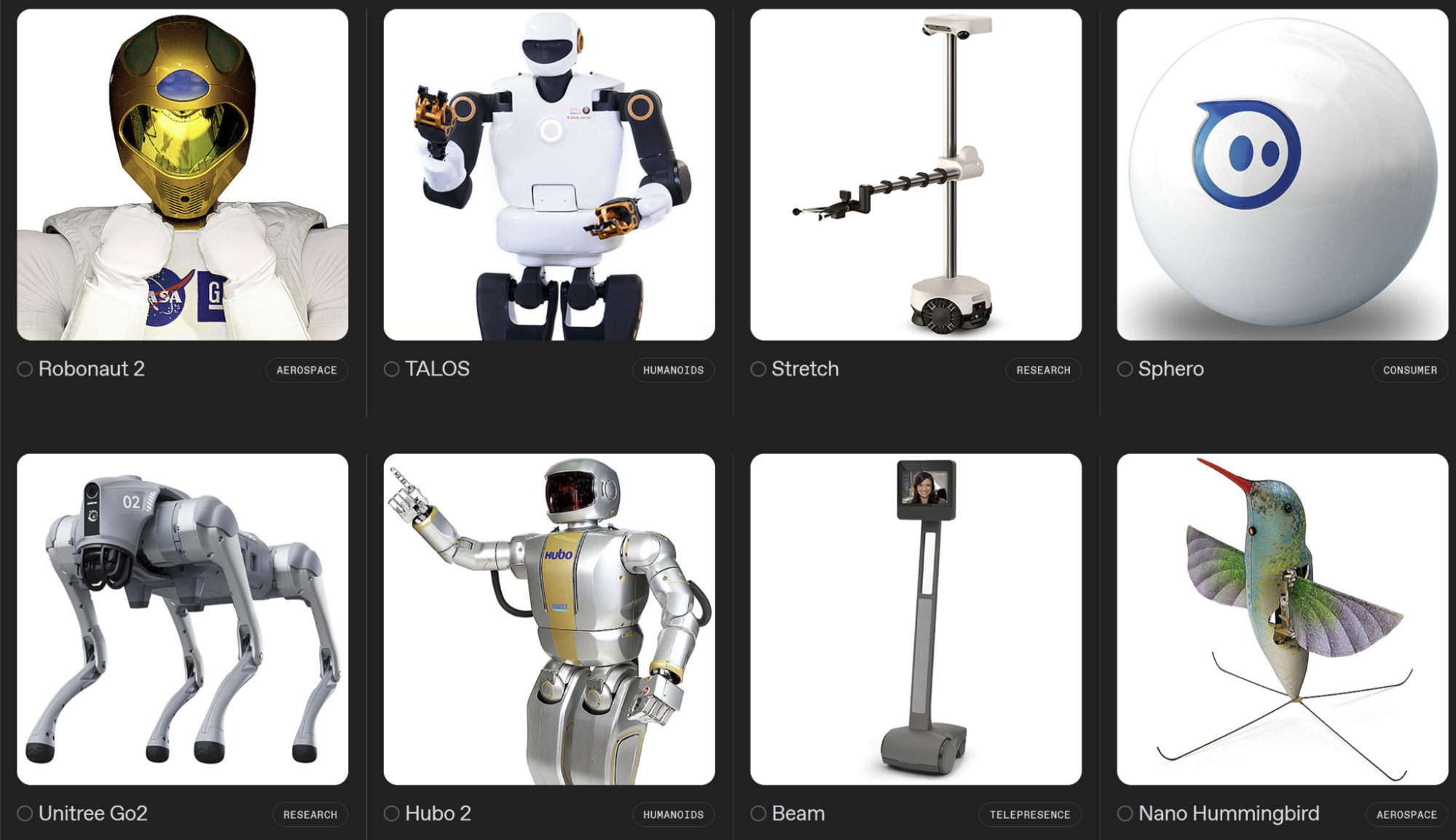 Grid of eight teleoperated robots, including the Robonaut 2 and TALOS humanoids, a Unitree Go2 quadruped, a Stretch mobile manipulator, and a Nano Hummingbird drone.