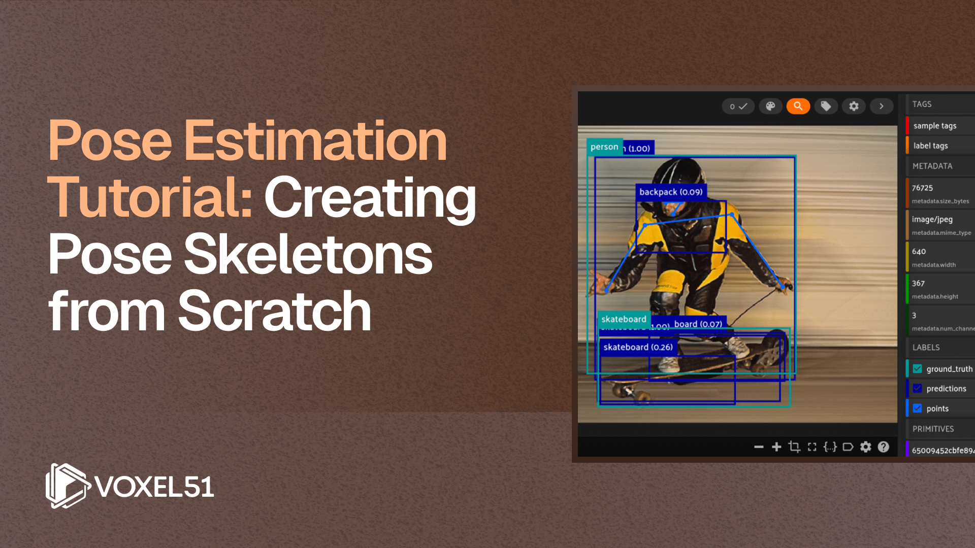 Blog title image with image of pose skeleton overlaying a skateboarder. The blog title is, Pose Estimation Tutorial: Creating Pose Skeletons from Scratch