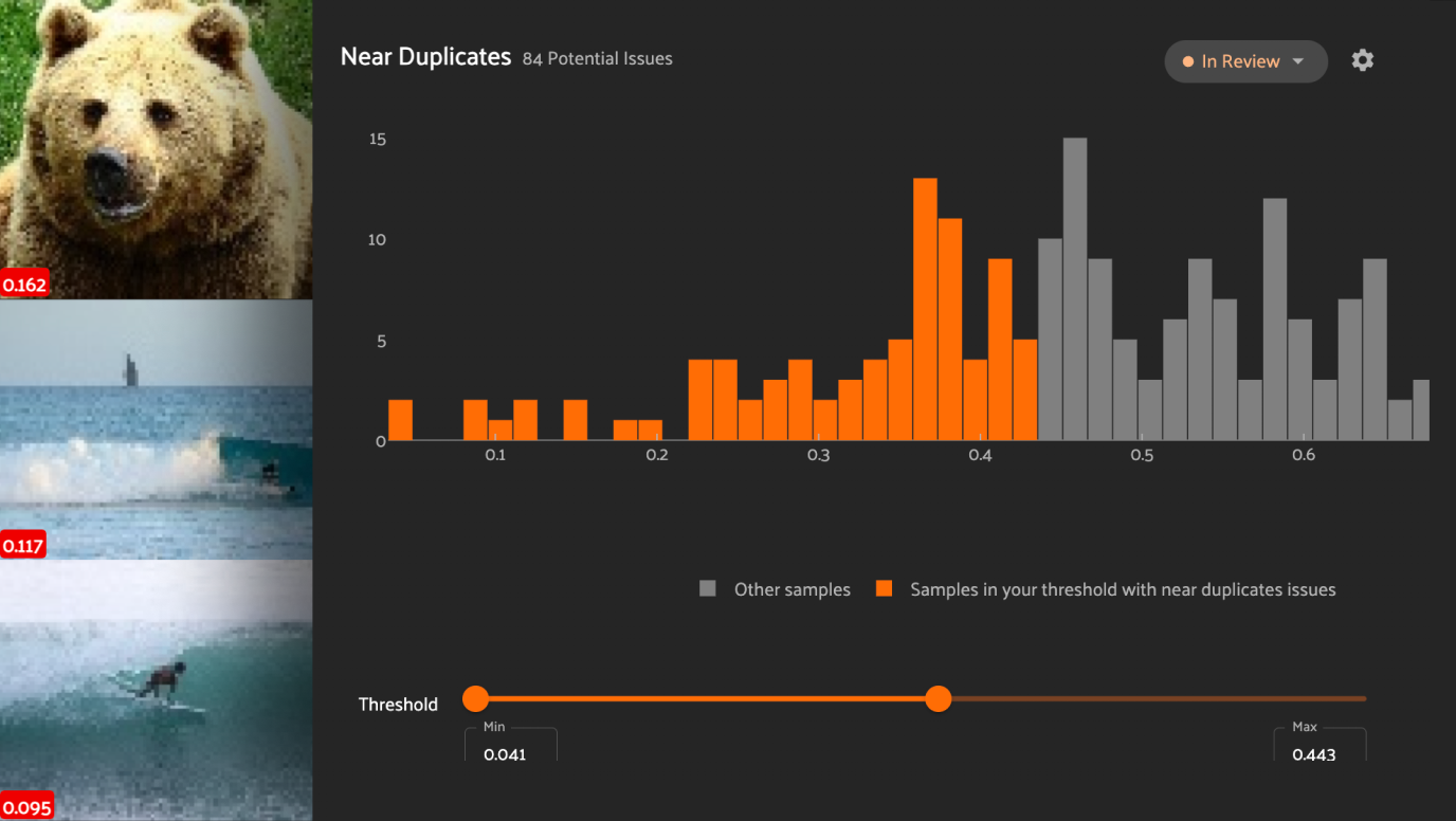 FiftyOne near-duplicates view with a similarity histogram and threshold slider, flagging duplicate samples for data curation.
