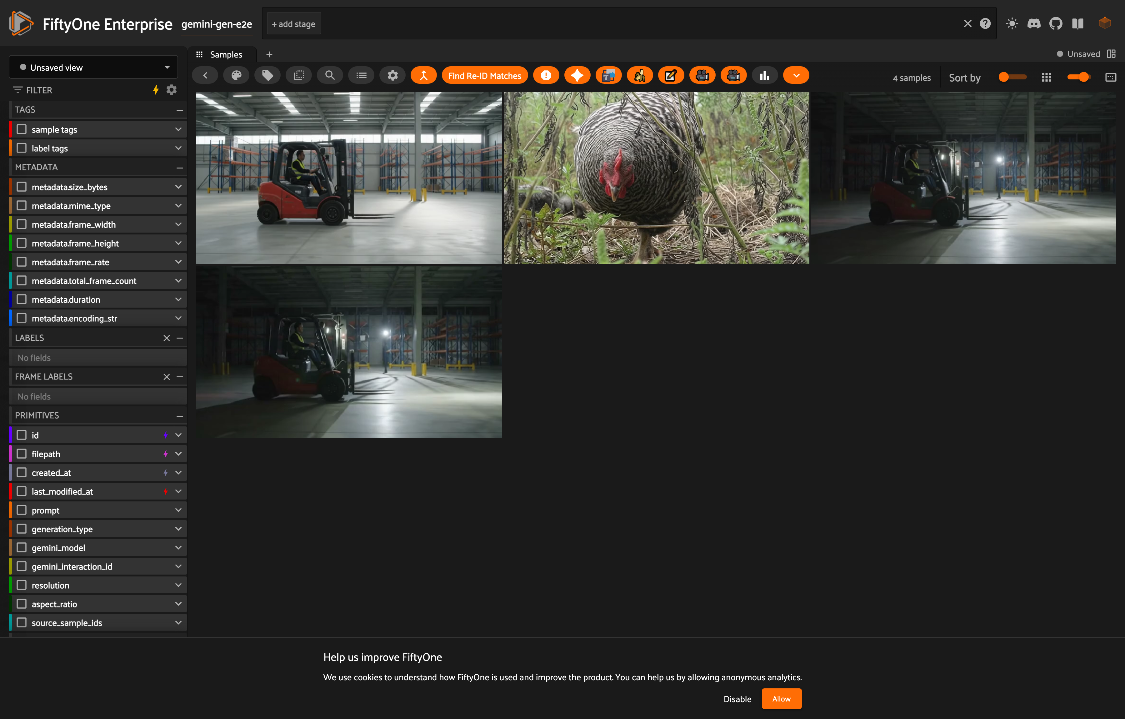 FiftyOne App grid showing four Gemini Omni generated video clips of a forklift in a warehouse and a bird, stored as ordinary video samples
