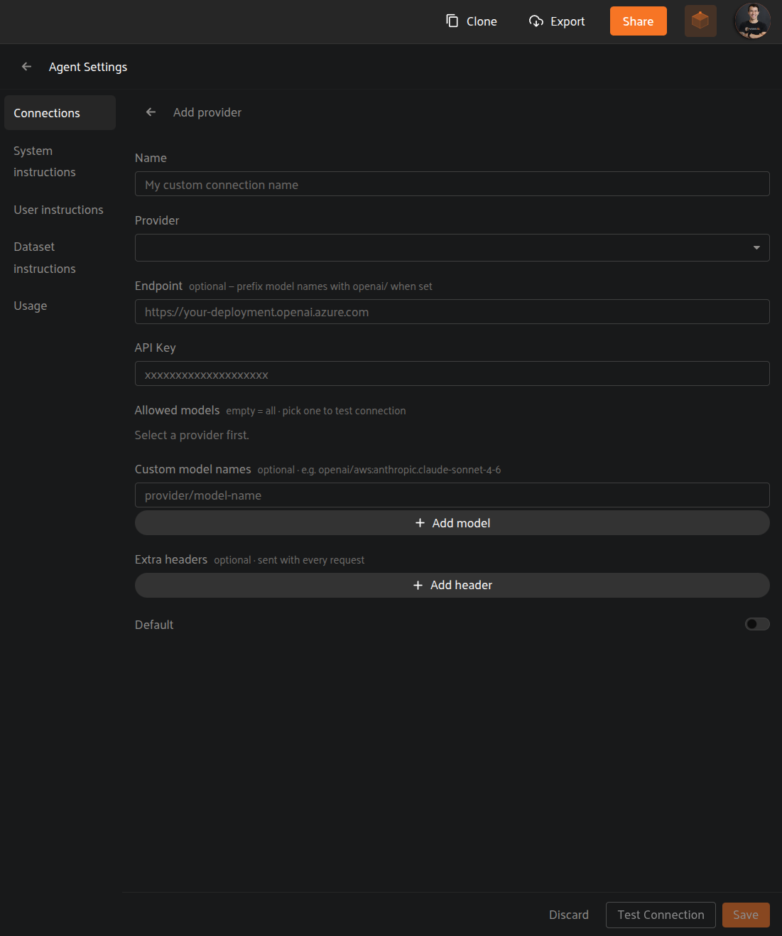 The empty Add provider form in FiftyOne's Agent Settings under Connections, with blank Name, Provider, Endpoint, and API Key fields.