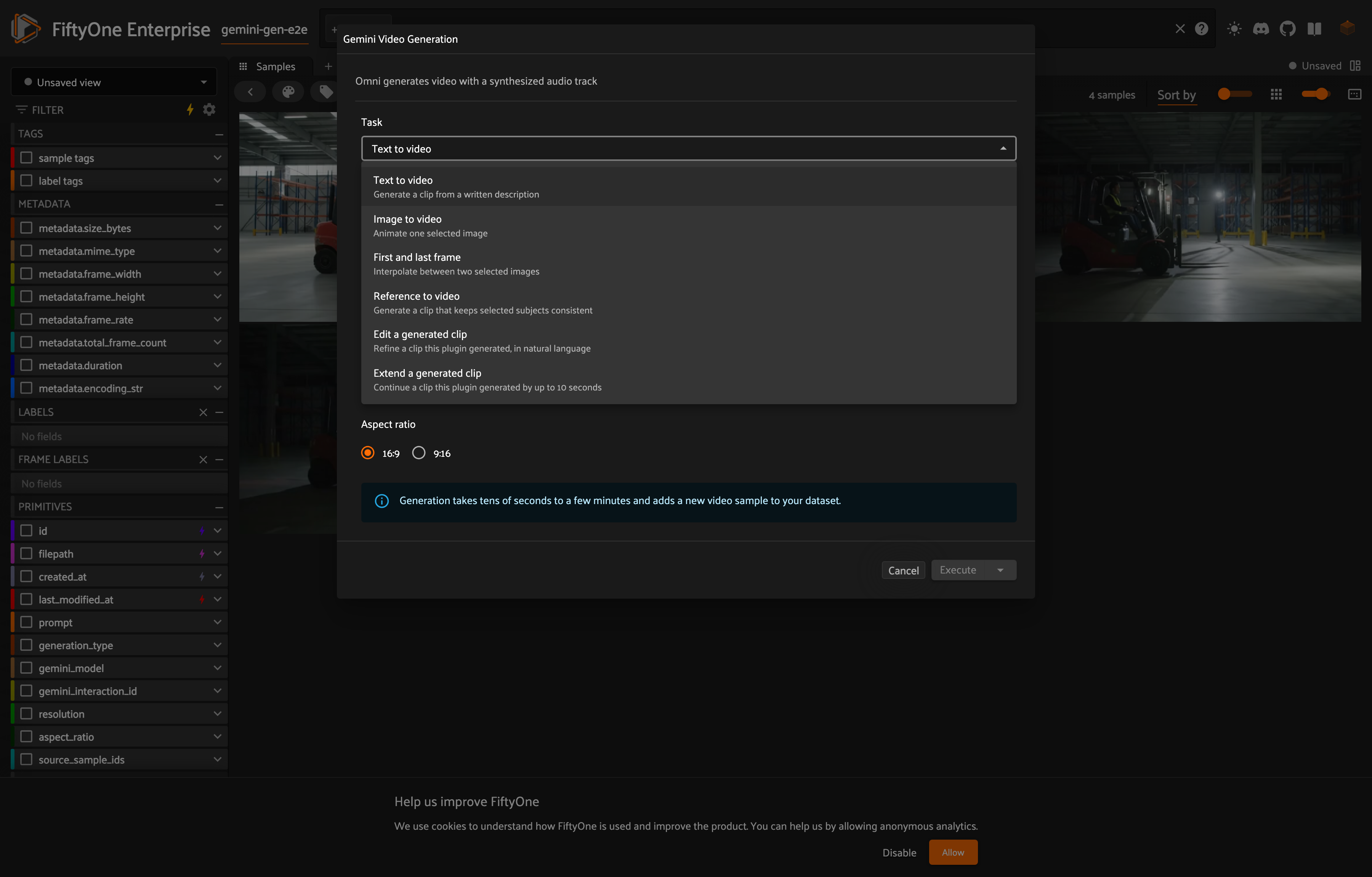Gemini video generation operator task dropdown in FiftyOne listing text to video, image to video, first and last frame, reference to video, edit, and extend