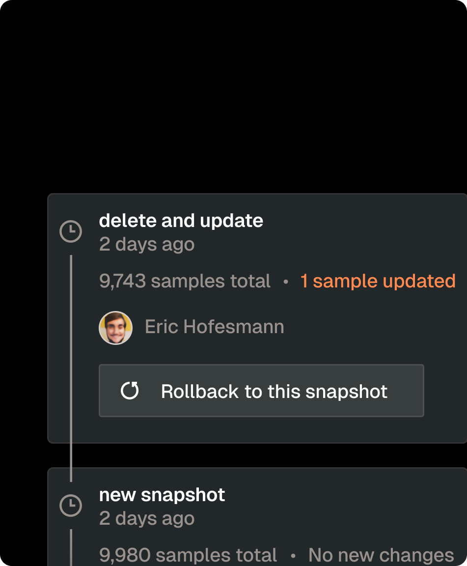 FiftyOne dataset versioning interface showing snapshots with sample counts and a rollback option.