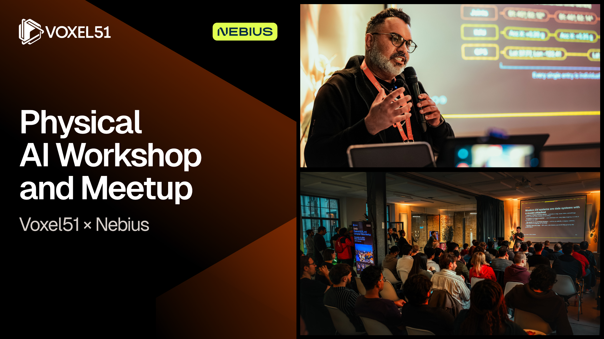 Voxel51 and Nebius Physical AI Workshop in Germany featuring a speaker presenting and an audience attending a technical session.