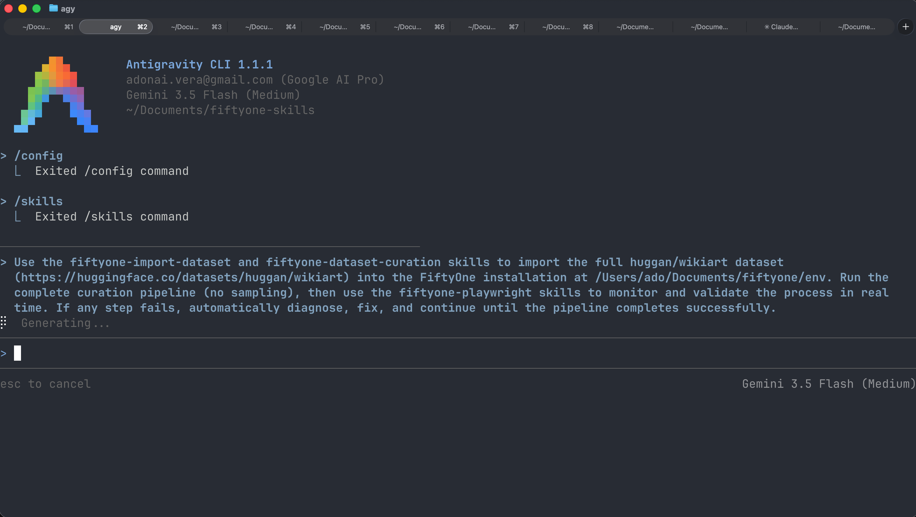 The exact plain-English prompt being typed into Antigravity CLI to import and curate the WikiArt dataset with FiftyOne Skills.