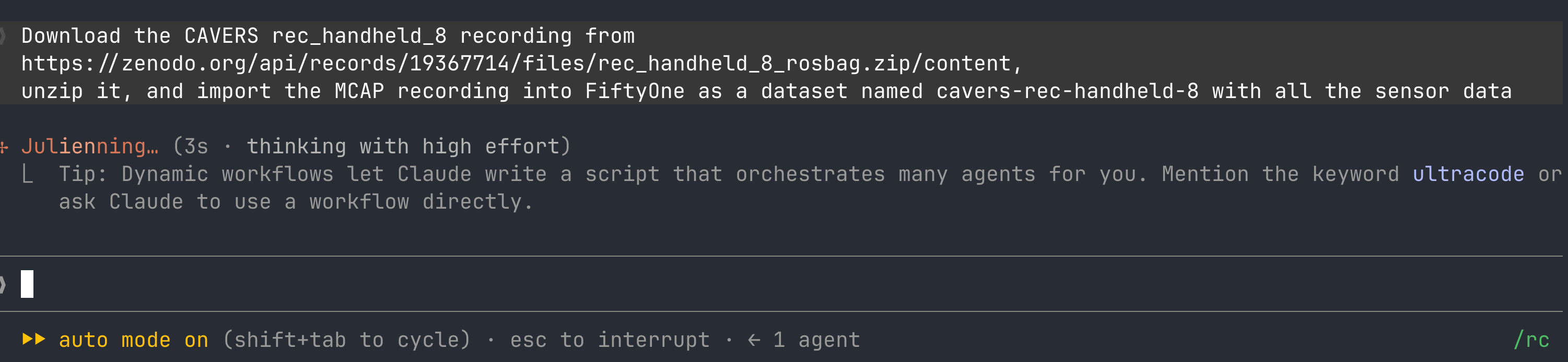 Single-sentence chat prompt asking the agent to download, unzip, and import the CAVERS MCAP recording into FiftyOne.