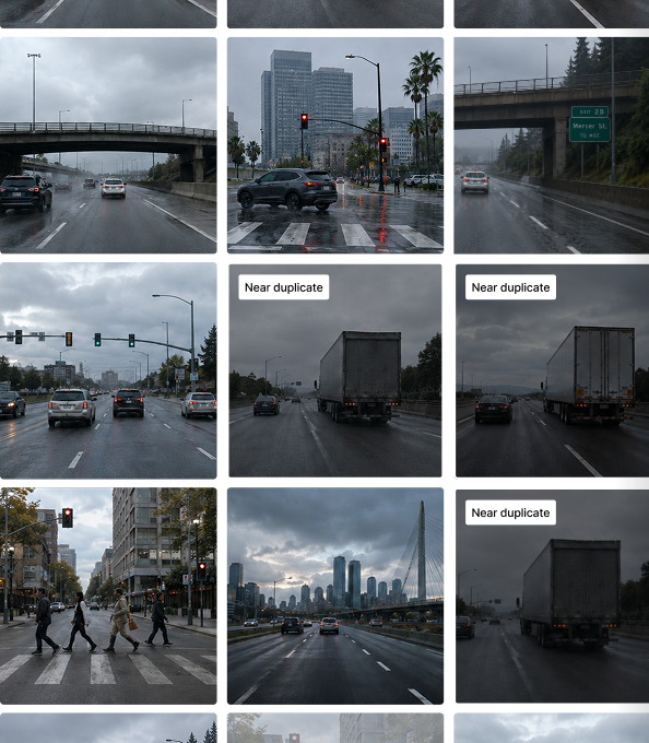 Grid of nine dashcam-style driving photos; three labeled "Near duplicate" show nearly identical views of a truck or car ahead on a rainy road, illustrating redundant data in a dataset.