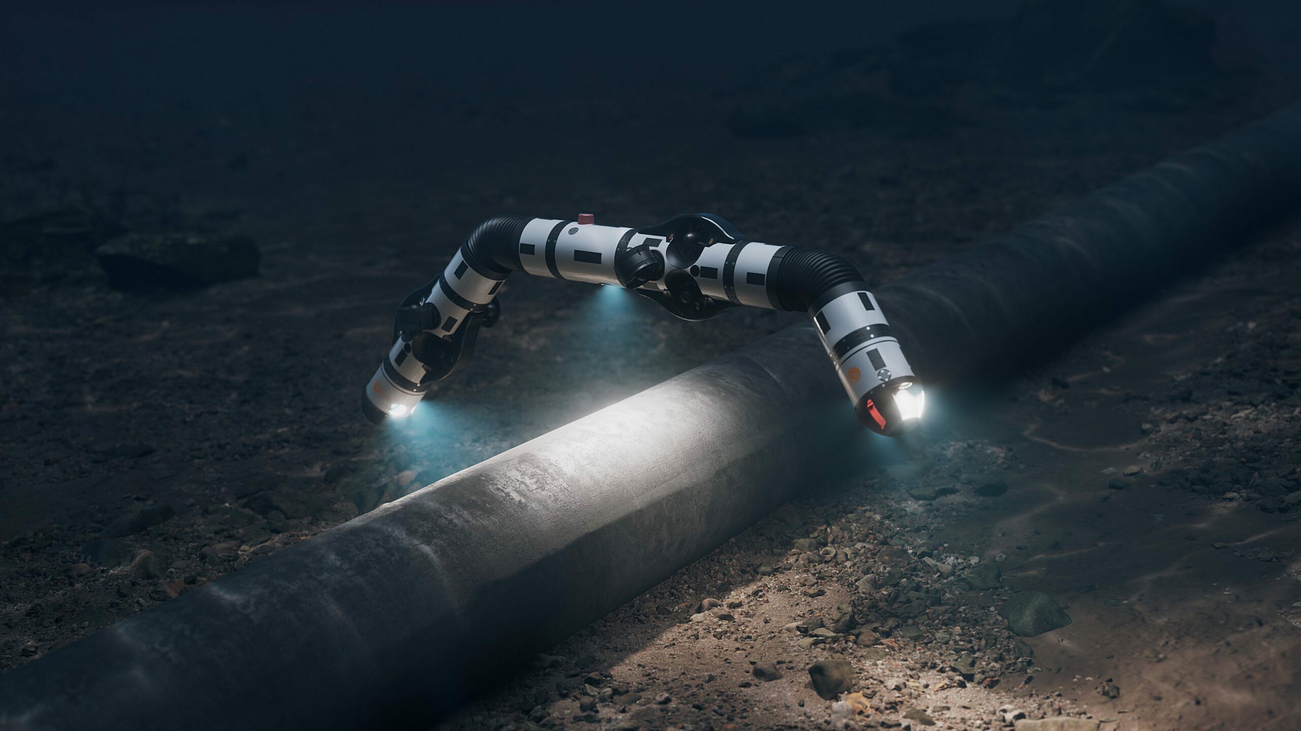 Underwater CV robotic drones inspecting pipelines.