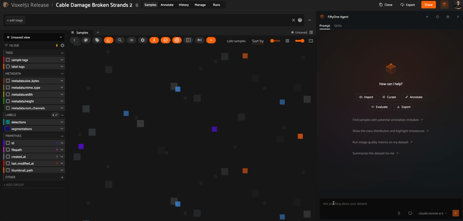 FiftyOne Agent panel open on the Cable Damage dataset with Import, Curate, Annotate, Evaluate, and Export options