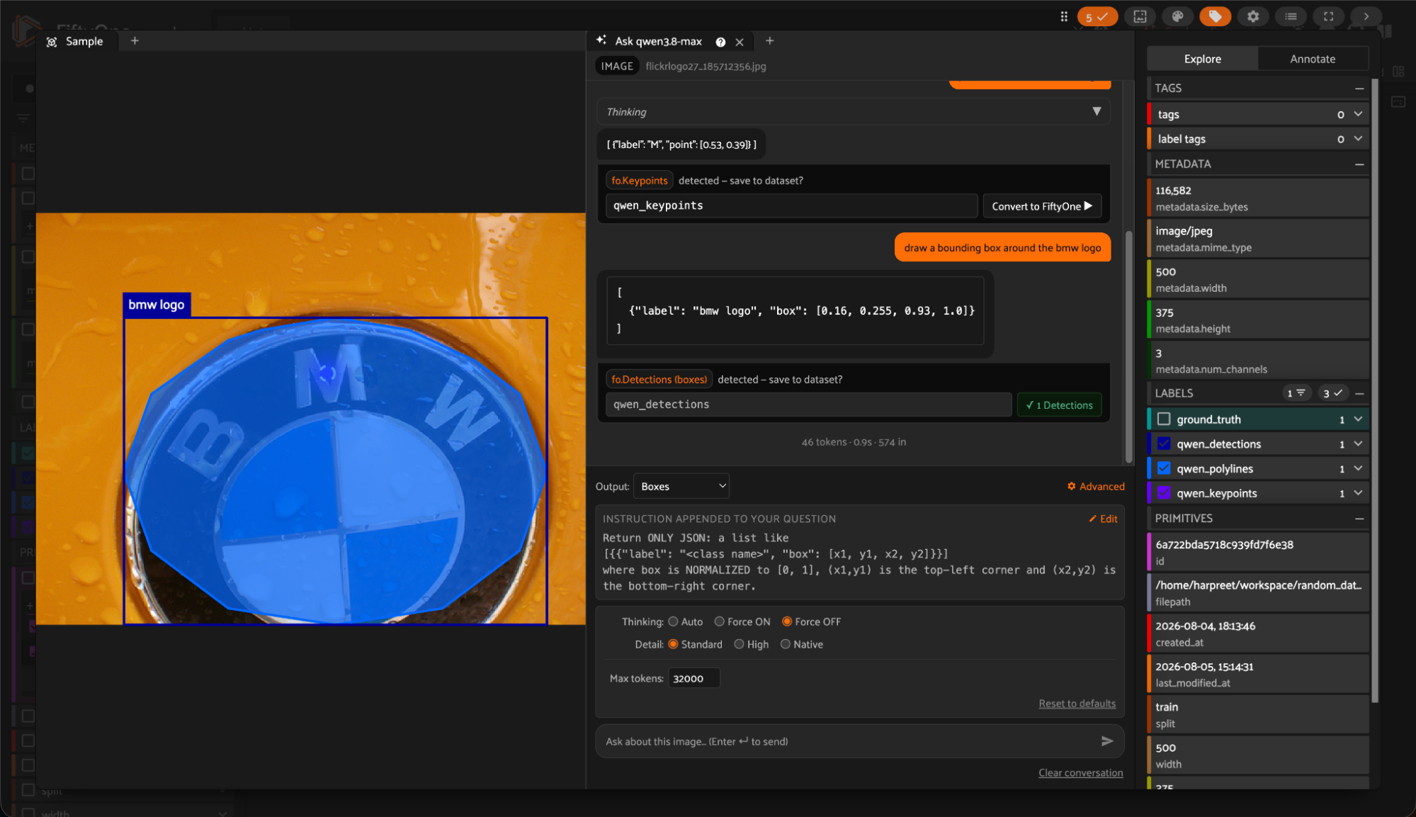 Qwen3.8-Max polygon output tracing the circular BMW roundel on a wet car hood, next to its axis-aligned detection box in the FiftyOne App.
