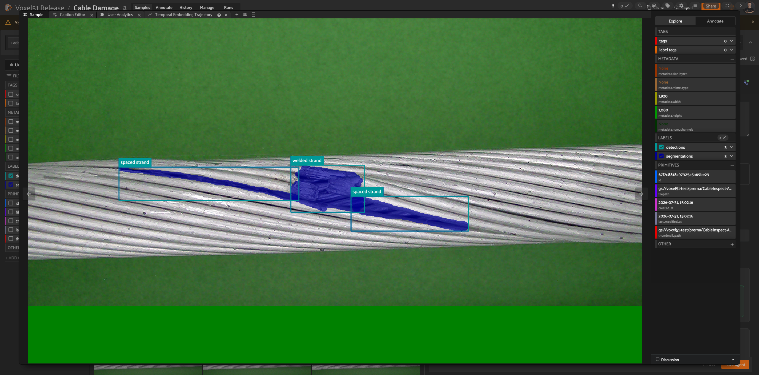 Steel cable sample in FiftyOne with agent-generated bounding boxes labeled spaced strand and welded strand
