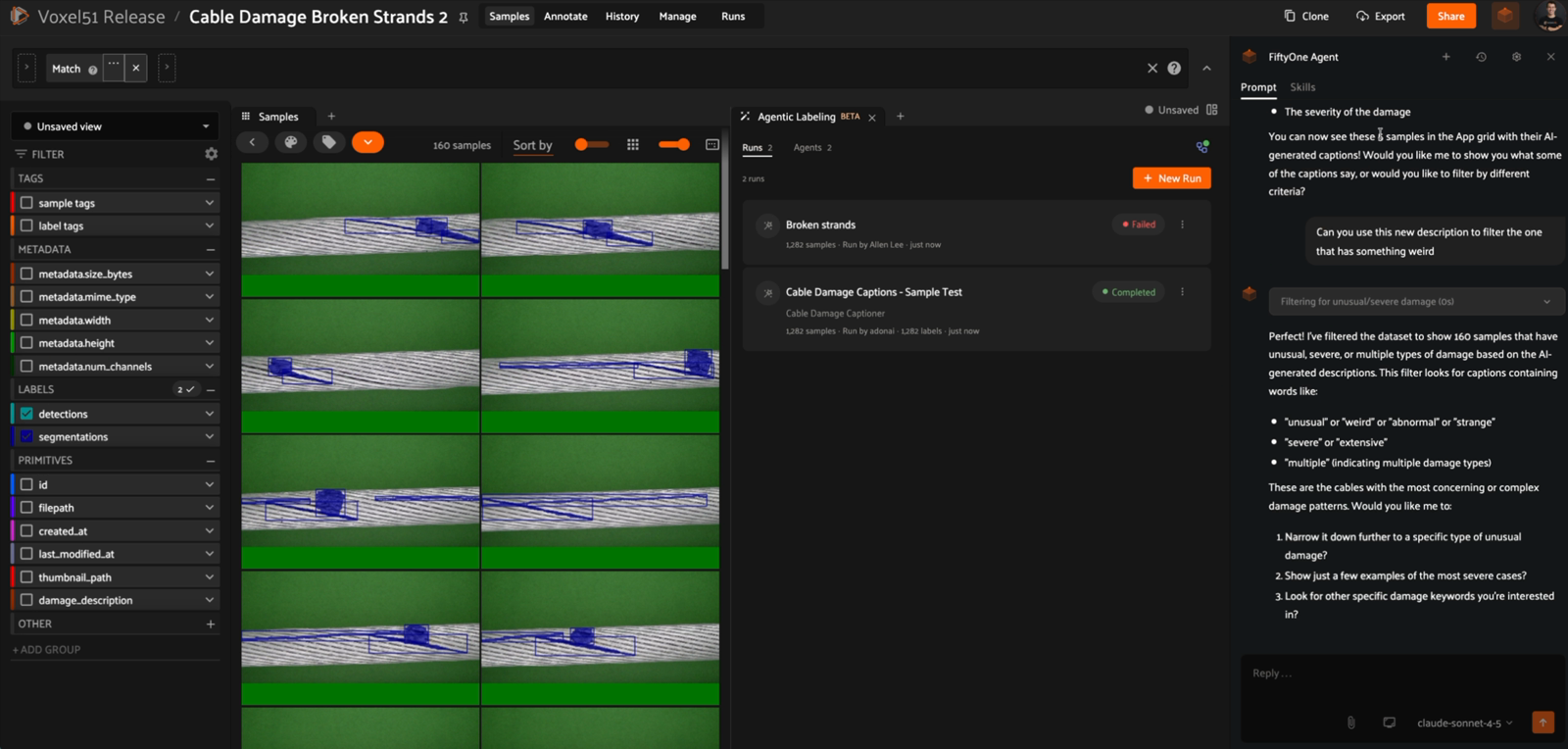 FiftyOne Agent filtering the Cable Damage dataset down to 160 samples with severe or unusual damage descriptions