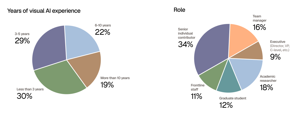 Two pie charts summarizing respondent demographics. The first chart shows years of visual AI experience: 30% have less than 3 years, 29% have 3–5 years, 22% have 6–10 years, and 19% have more than 10 years. The second chart shows respondent roles: 34% are senior individual contributors, 18% are academic researchers, 16% are team managers, 12% are graduate students, 11% are frontline staff, and 9% are executives such as directors, VPs, or C-level leaders.
