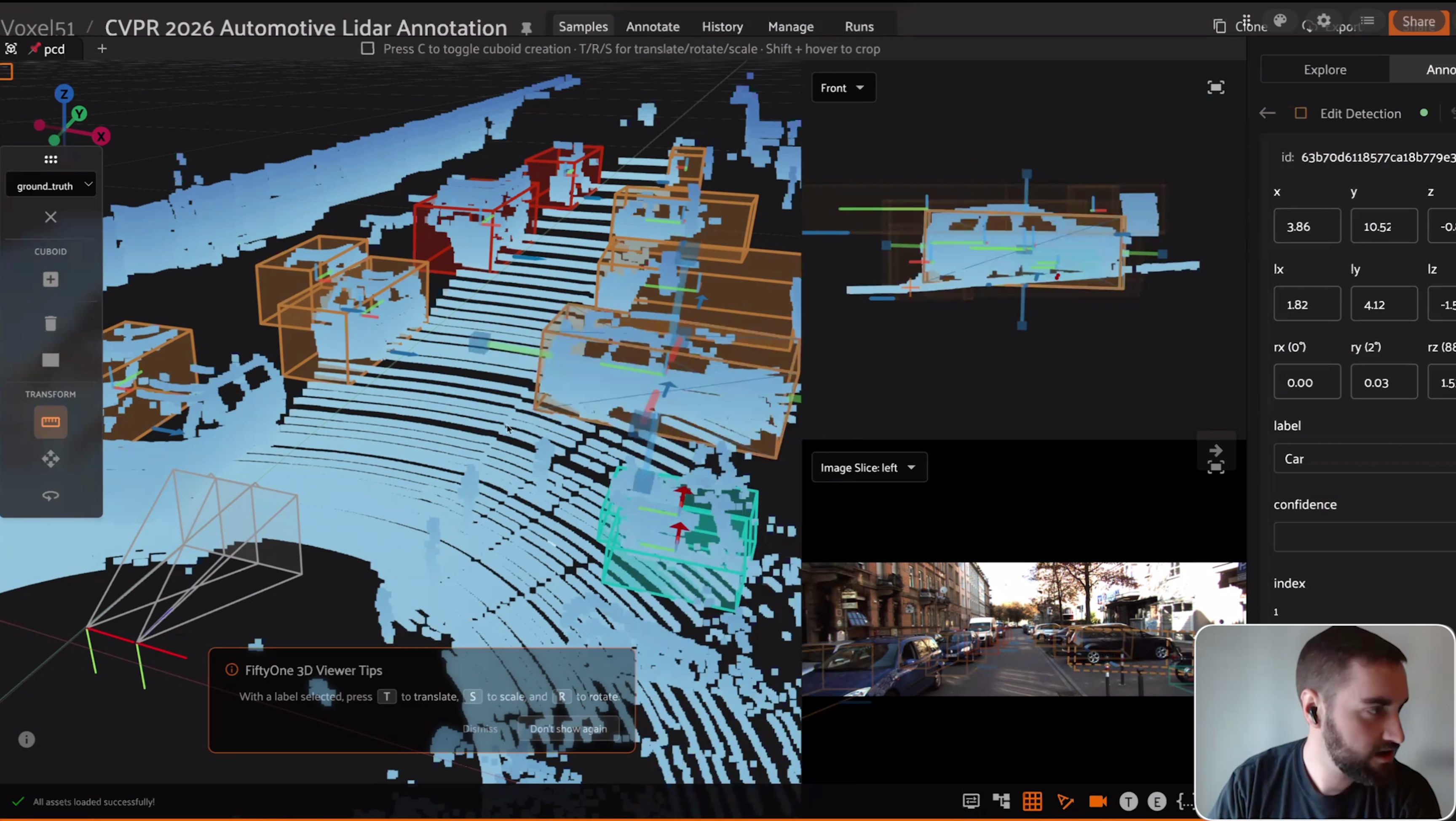FiftyOne 3D annotation view with cuboids drawn around vehicles in a LiDAR point cloud, a front projection, and the matching camera image slice