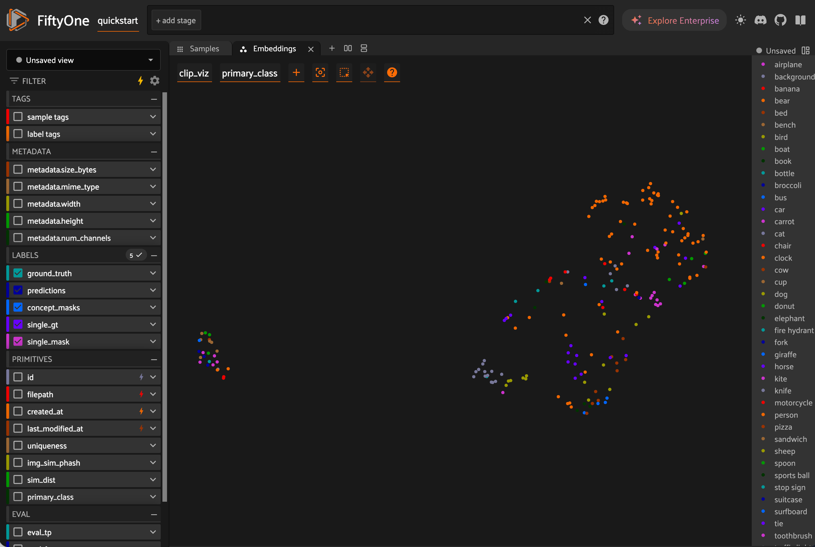 A CLIP embeddings plot in FiftyOne, with points colored by object class, where common images form dense clusters and rare cases sit as sparse outliers