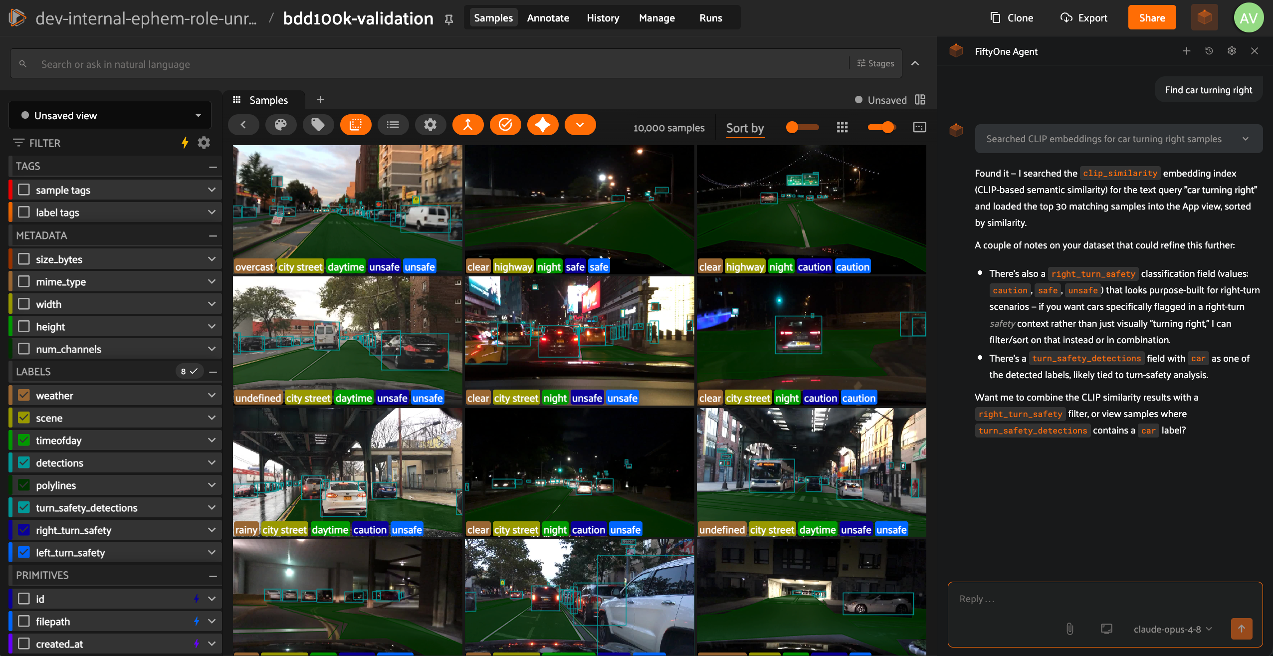 The FiftyOne App showing a grid of annotated driving scenes from the BDD100K validation set, with the FiftyOne Agent panel open on the right explaining that it searched CLIP embeddings for the query "car turning right" and loaded the top 30 matching samples.