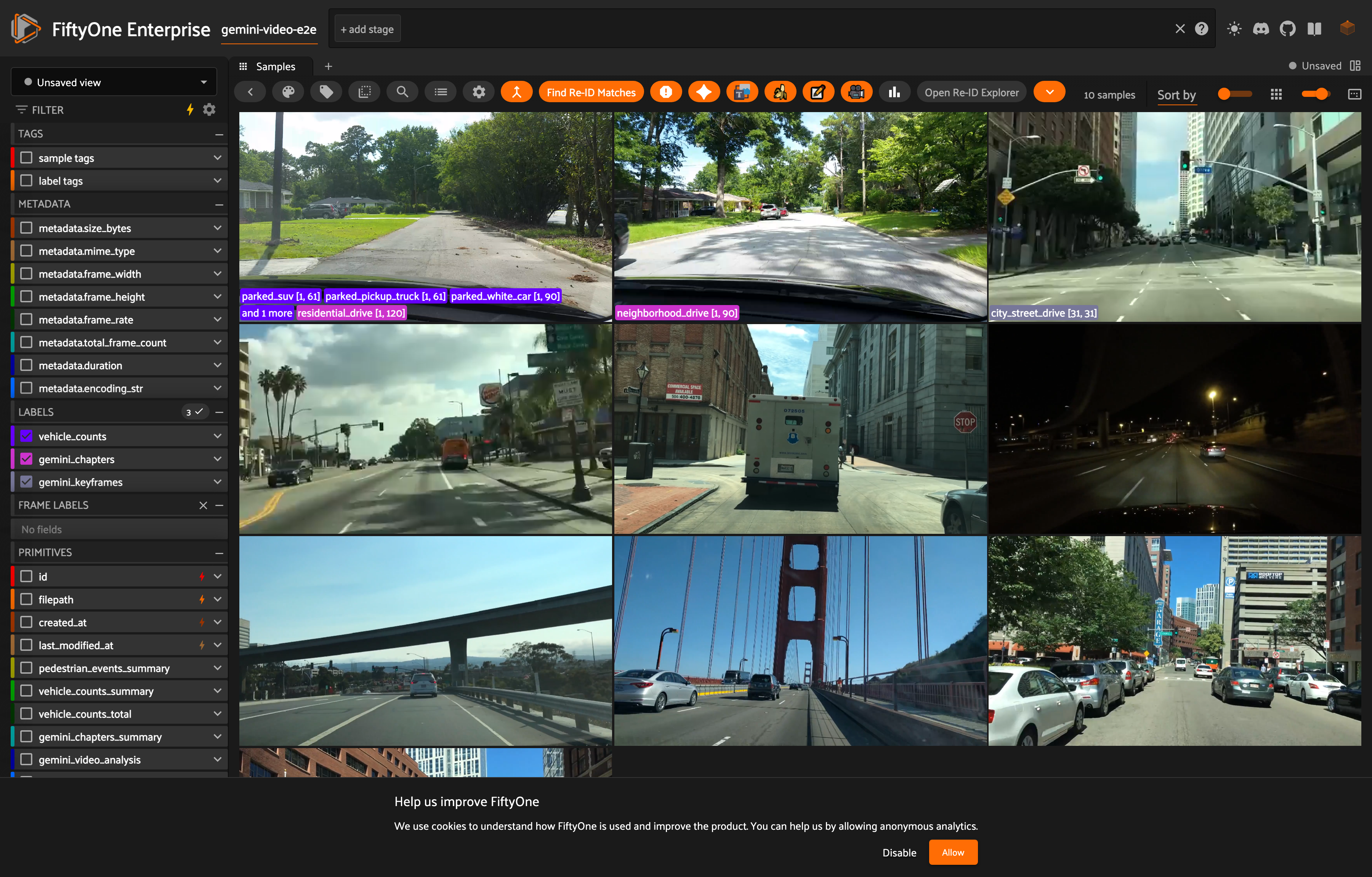FiftyOne App showing quickstart-video clips with Gemini results rendered as temporal detection segments on the video timeline
