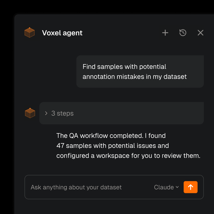 Screenshot of the Voxel Agent chat interface showing a user query "Find samples with potential annotation mistakes in my dataset" and the agent's response confirming a completed QA workflow that found 47 samples with potential issues and configured a review workspace.