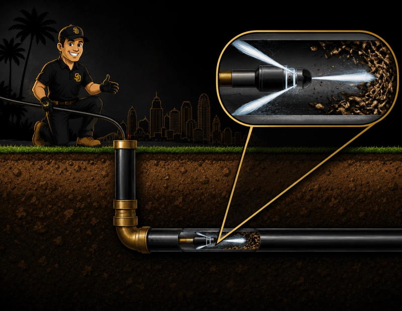 Plumbing technician performing hydro jetting to clear a clogged drain line