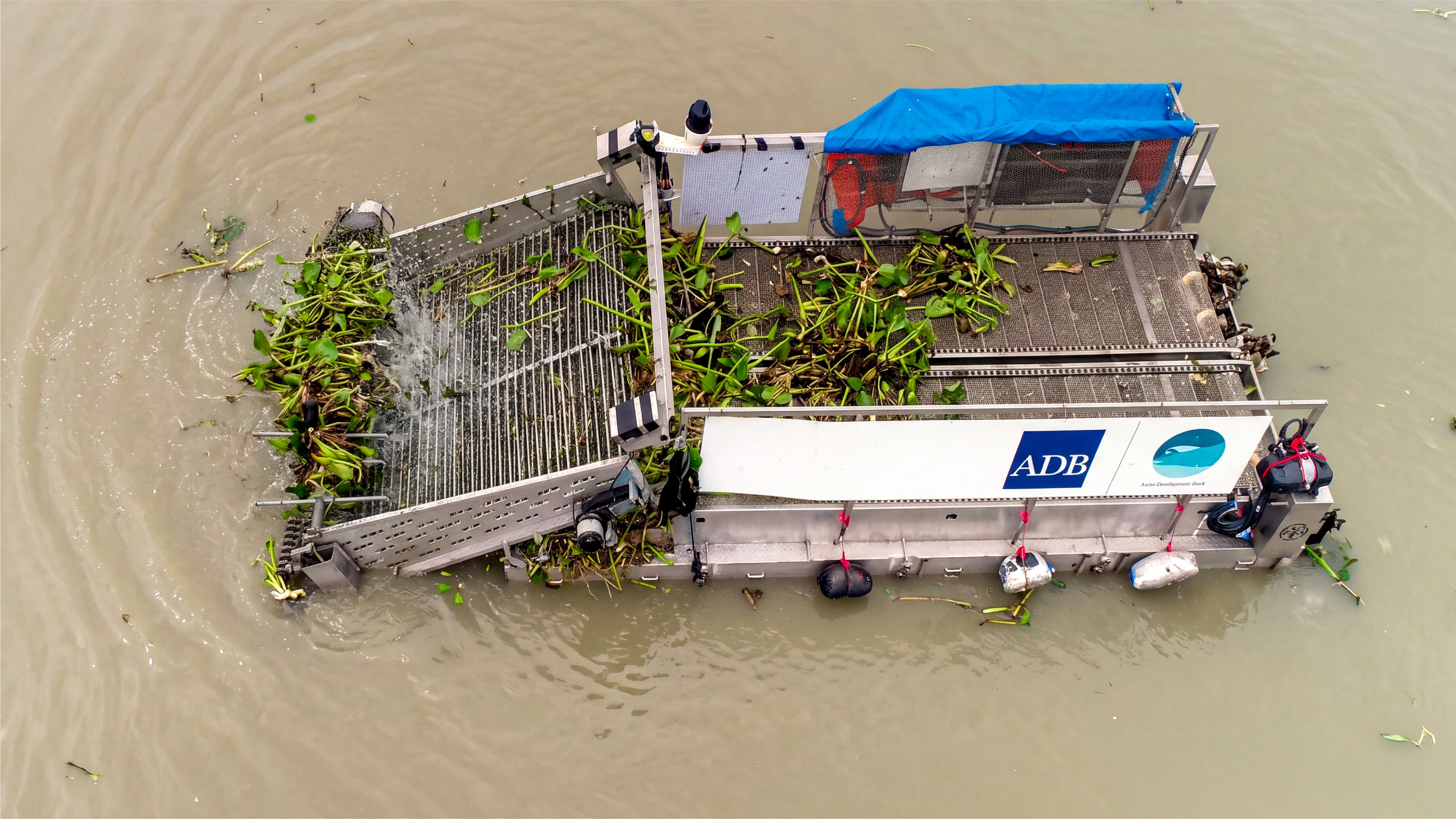 Overhead view of a flat-decked electric harvesting boat on muddy brown water, its conveyor ramp lifting a mat of green water hyacinth onto the deck.