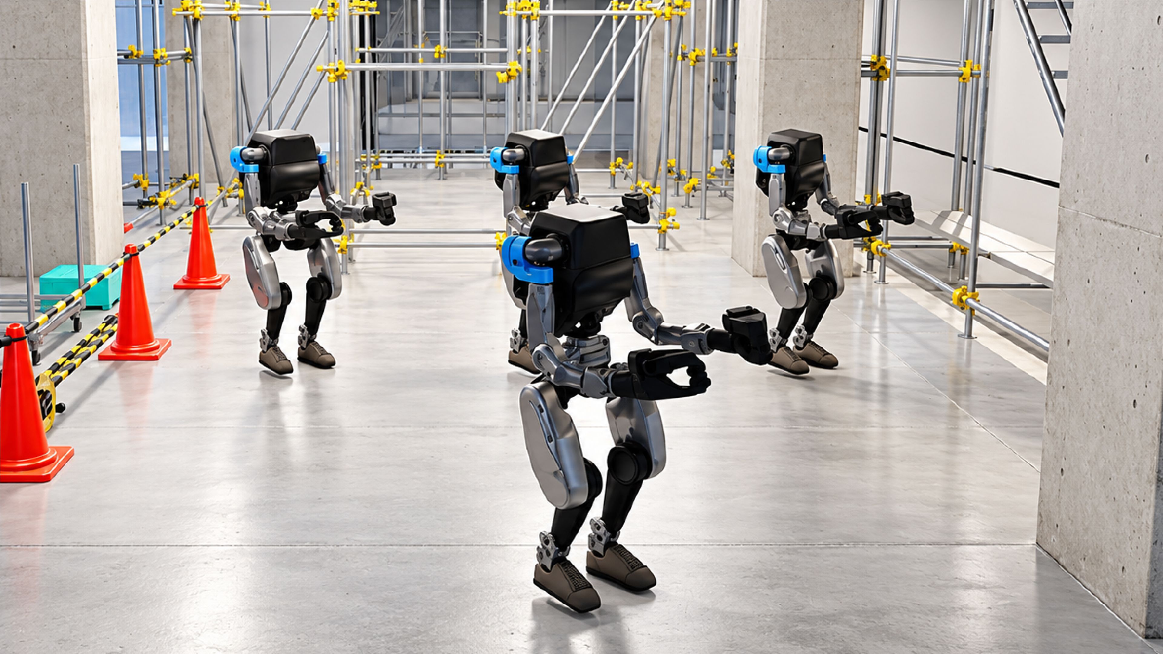 Four black-and-blue humanoid robots navigate a simulated construction site.