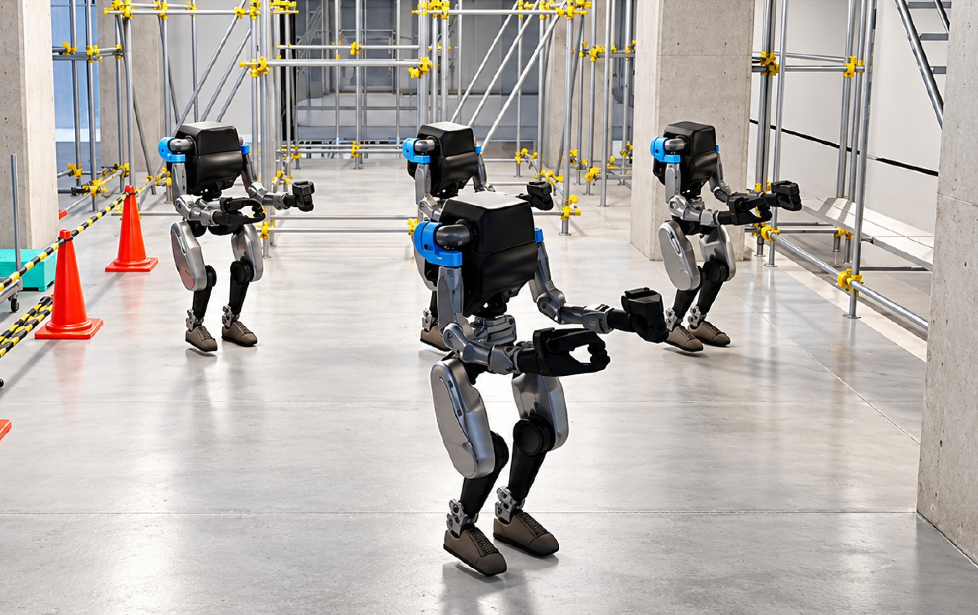 Four black-and-blue humanoid robots navigate a simulated construction site.