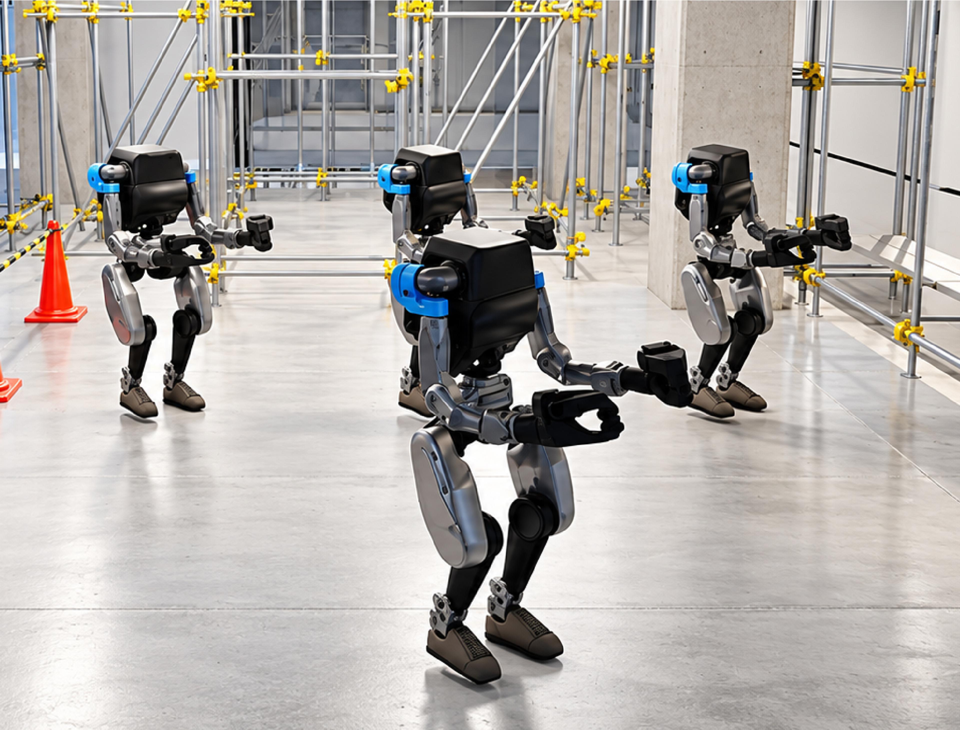 Four black-and-blue humanoid robots navigate a simulated construction site.