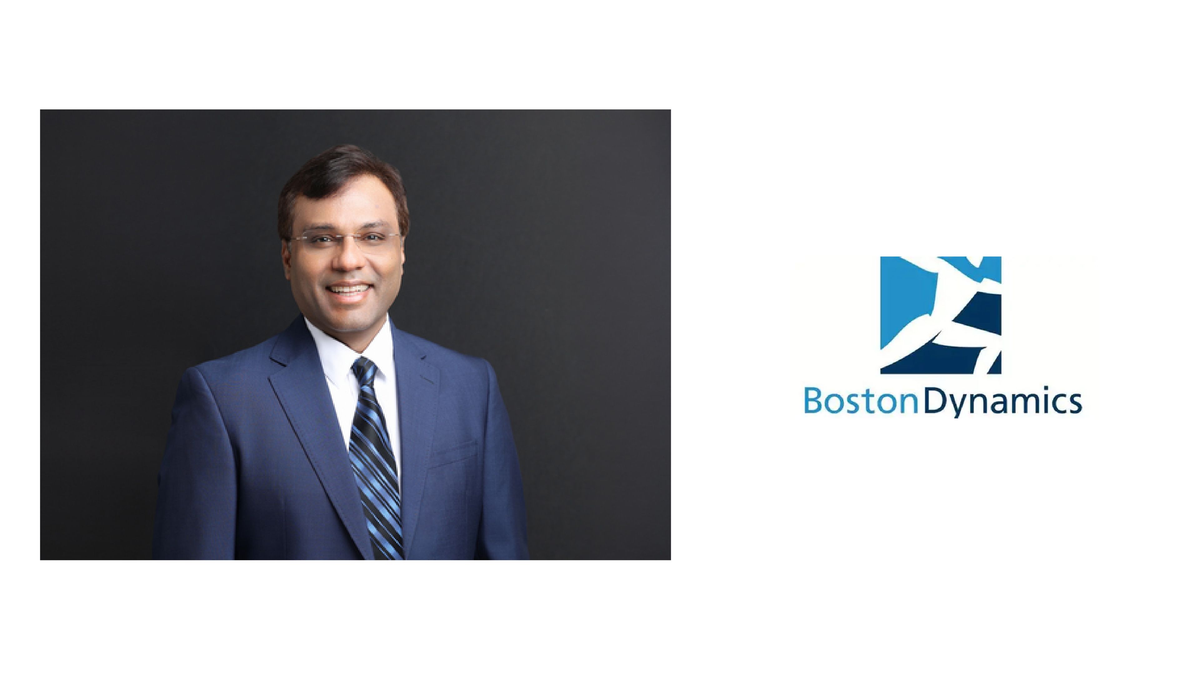 Portrait of Boston Dynamics CEO Rohit Prasad alongside the Boston Dynamics logo.