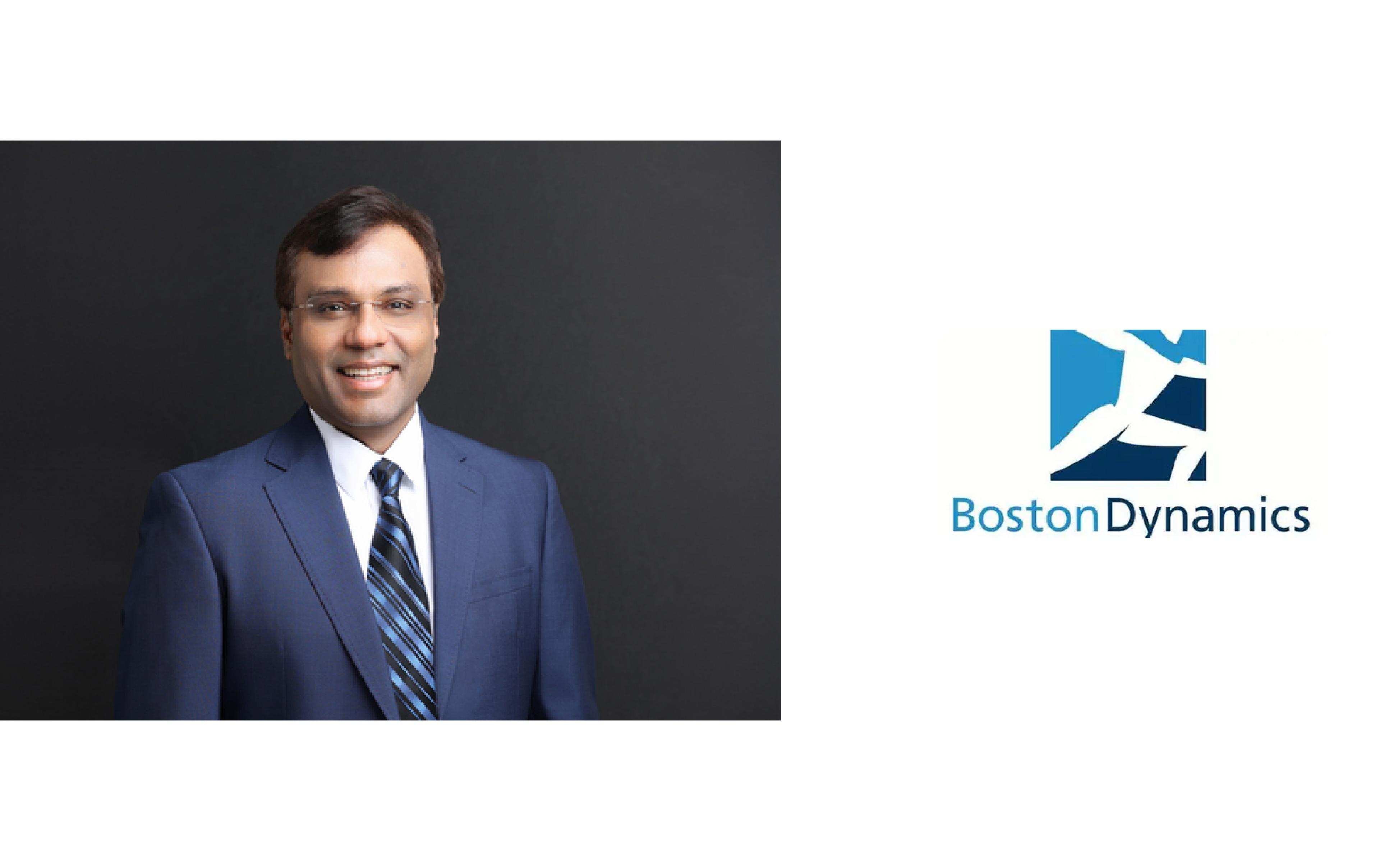 Portrait of Boston Dynamics CEO Rohit Prasad alongside the Boston Dynamics logo.
