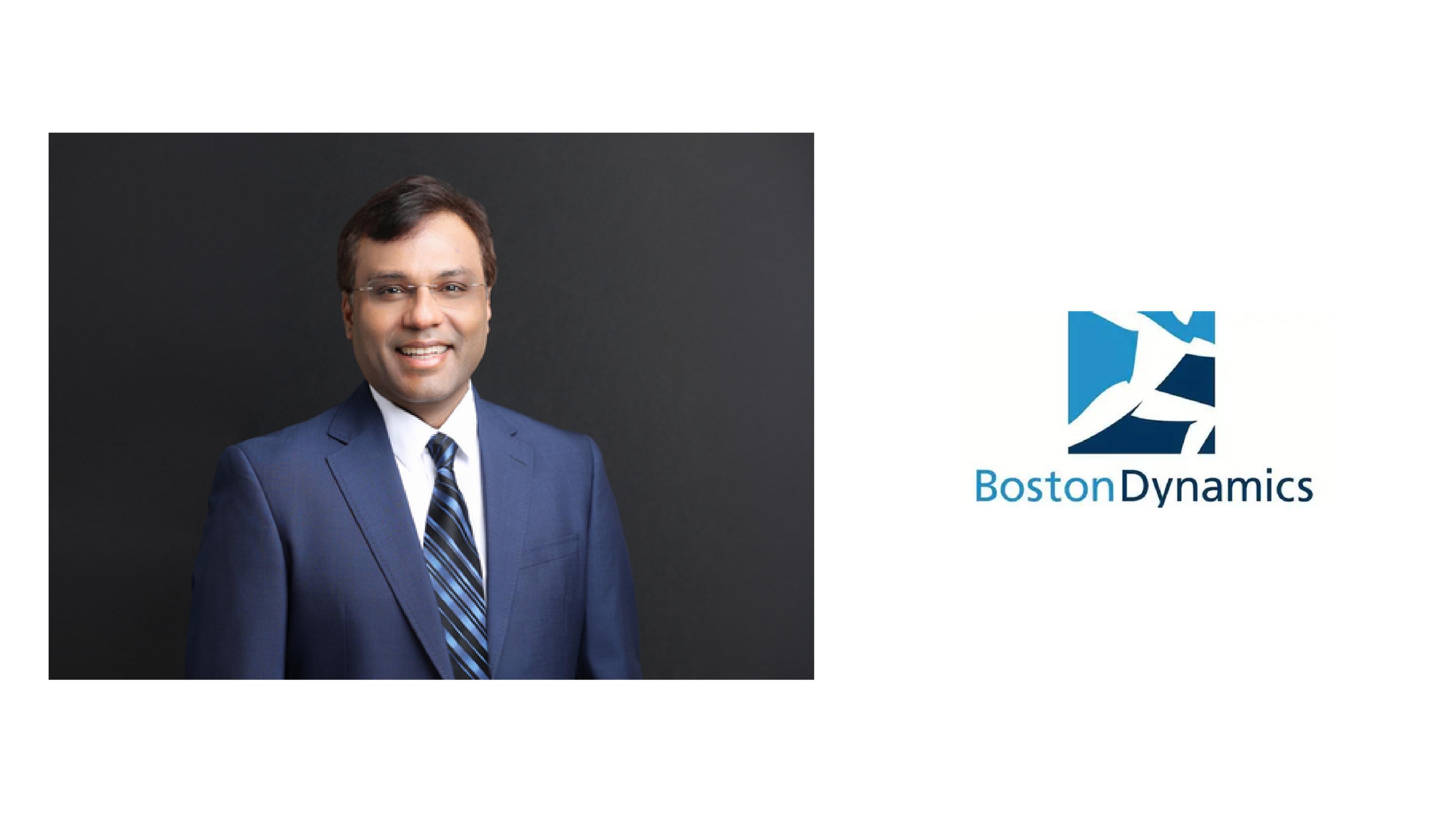 Portrait of Boston Dynamics CEO Rohit Prasad alongside the Boston Dynamics logo.