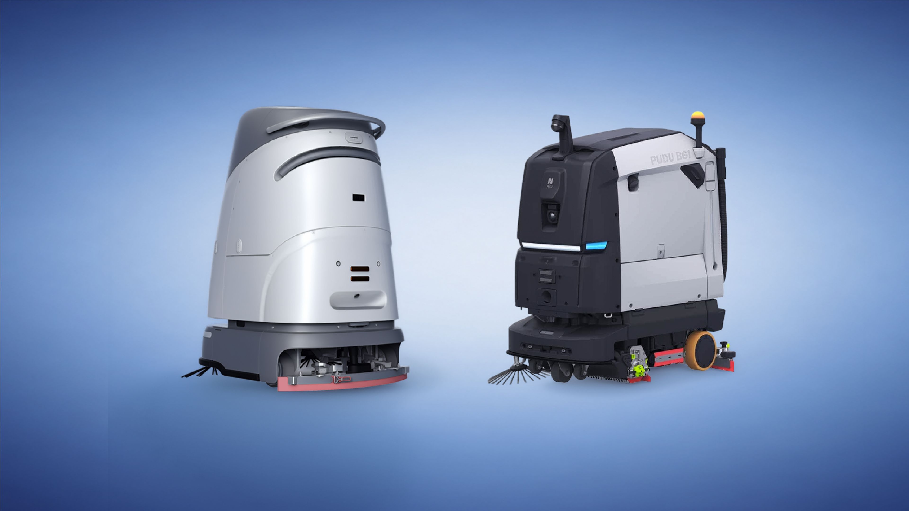 Side-by-side comparison of two commercial cleaning robots on a blue background: VIGGO's compact silver SC50 Pro Plus scrubber on the left, and Pudu Robotics' larger black-and-white BG1 sweeper-scrubber on the right.
