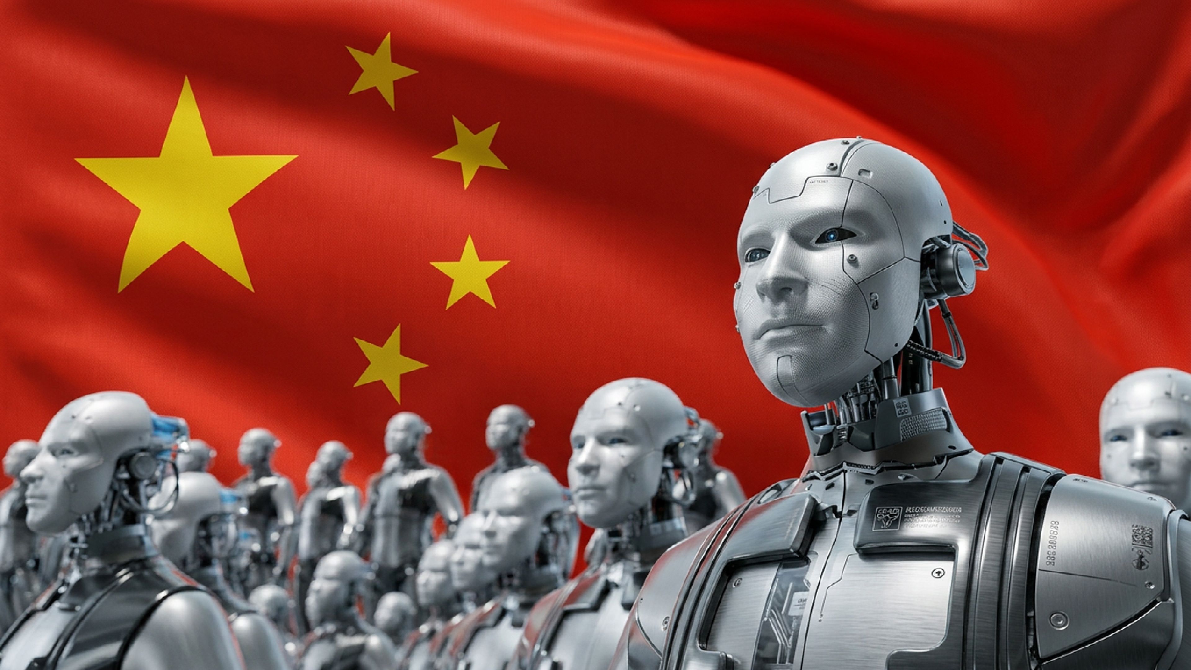 Illustration of humanoid robots standing in front of the Chinese national flag, representing China's new national standards for humanoid robotics.