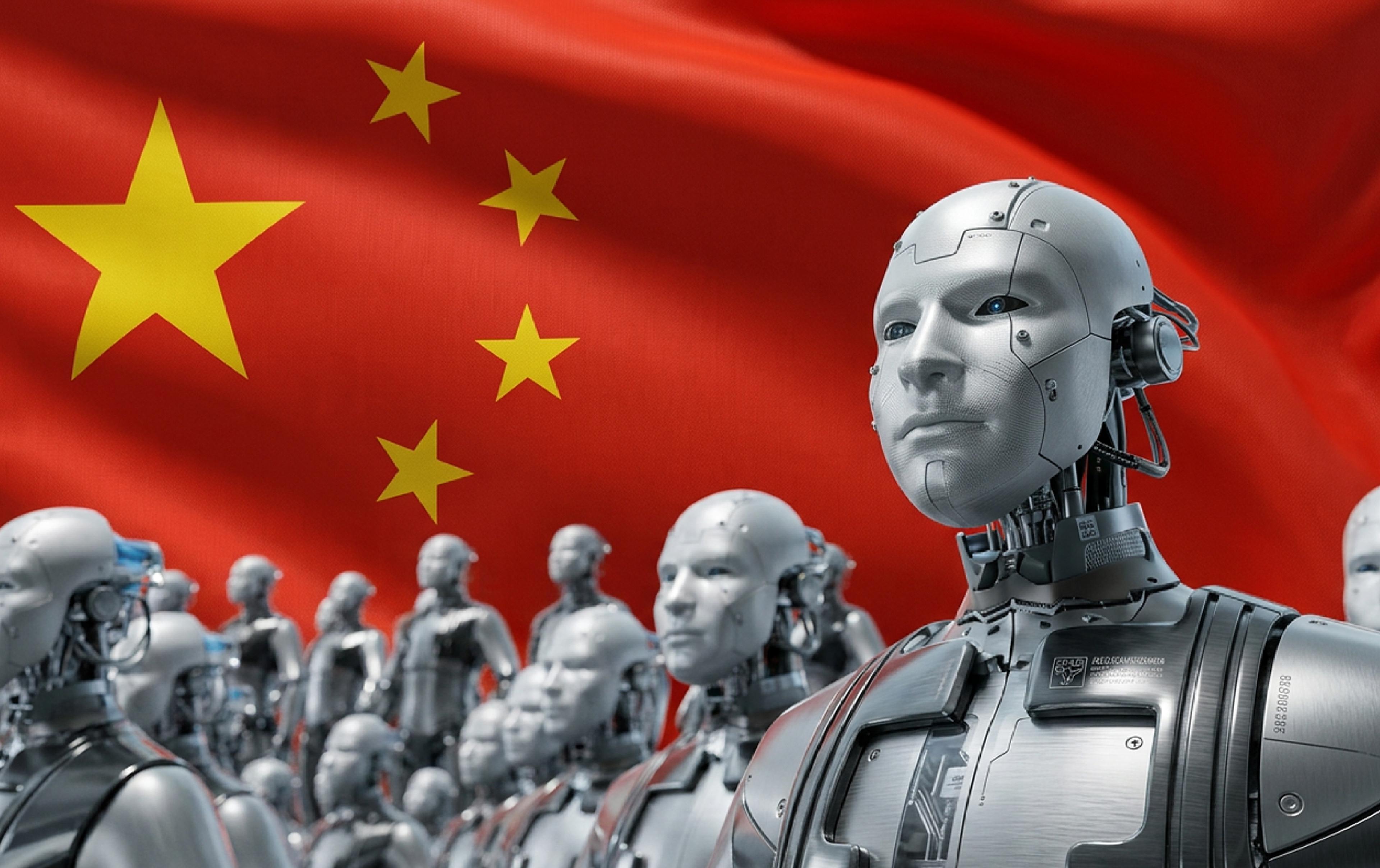 Illustration of humanoid robots standing in front of the Chinese national flag, representing China's new national standards for humanoid robotics.