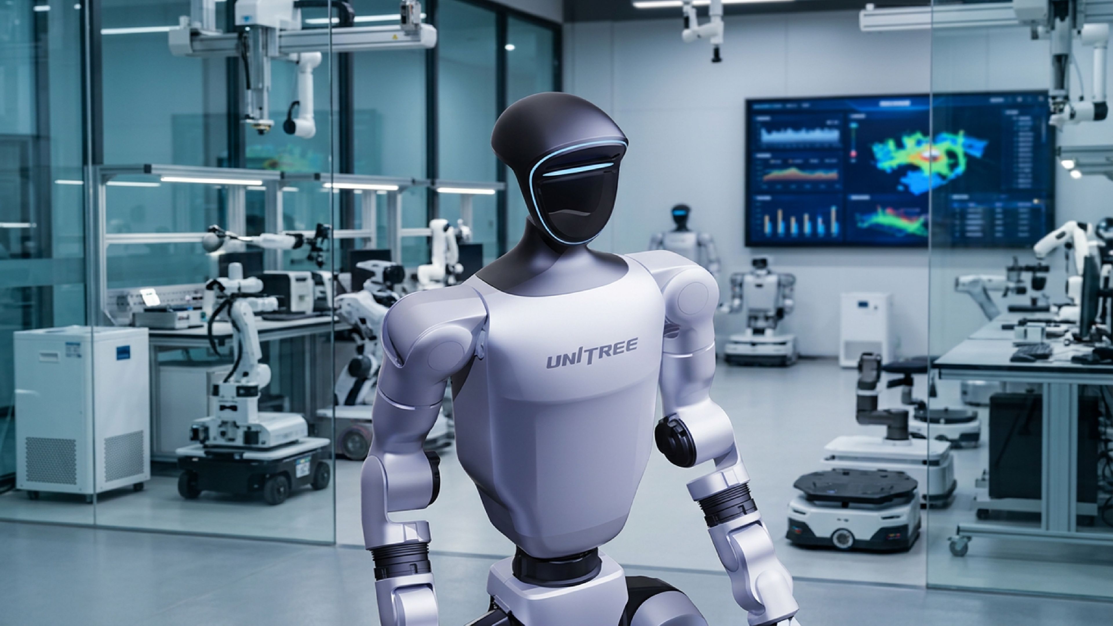 A Unitree humanoid robot stands in the foreground of a robotics laboratory.