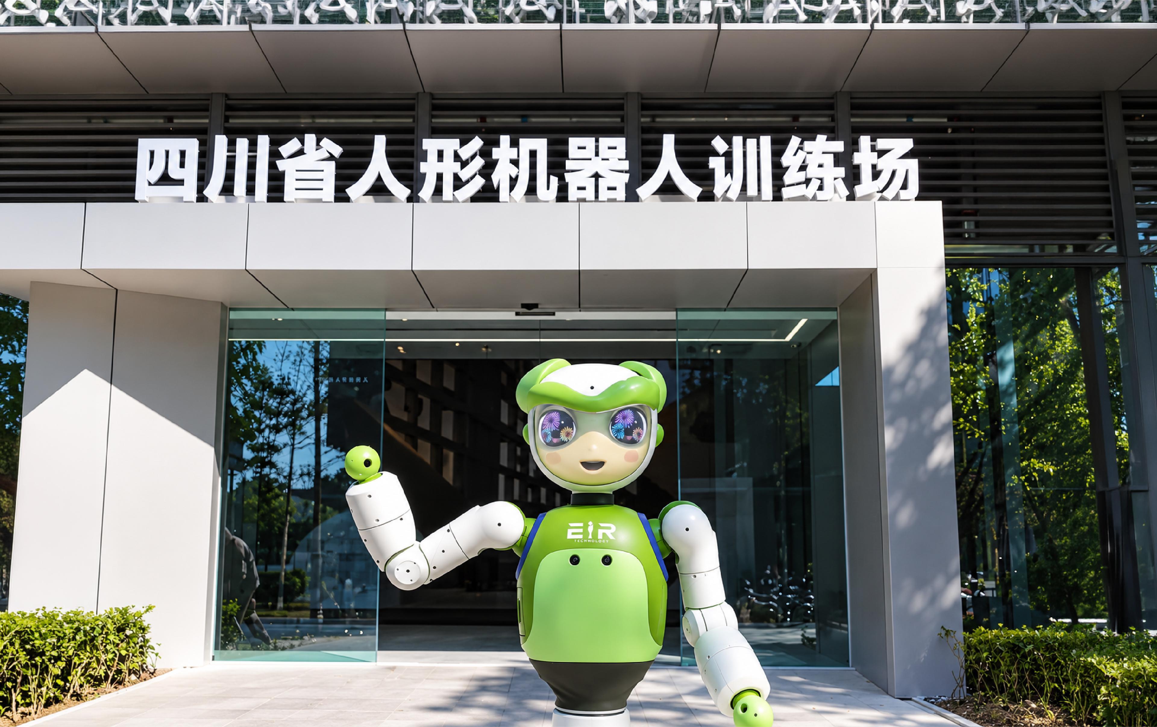 EIR's green-and-white AiQ humanoid robot waves beneath a sign displaying the facility's name in Chinese.